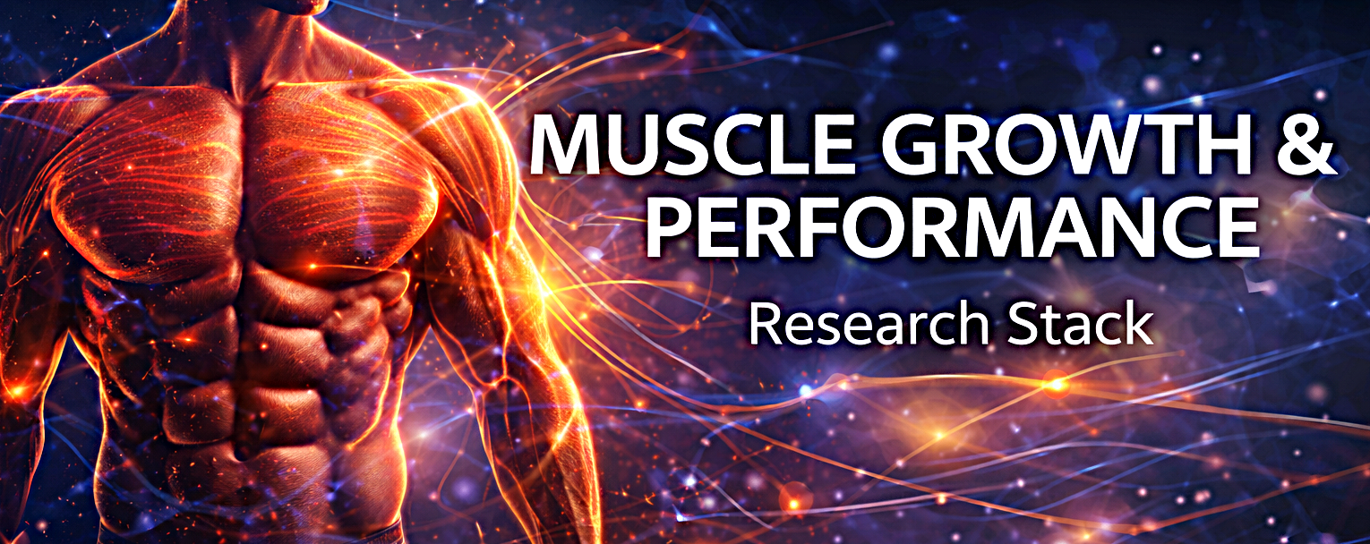 A muscular male torso with glowing muscle fibers and digital light effects, overlaid with the text "Muscle Growth & Performance Research Stack".