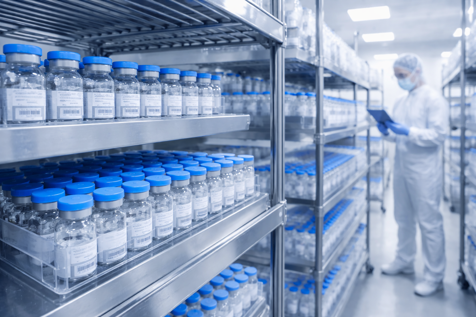 A person in protective clothing, gloves, and a face mask working in a sterile pharmaceutical storage room with shelves of vials.