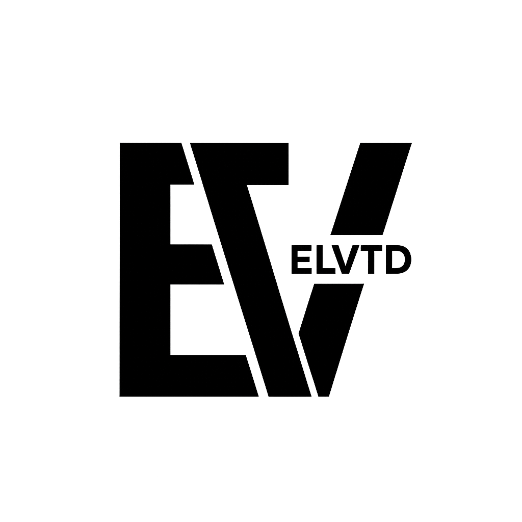 Outline of the letters EV with the text ELMTD inside of the V.