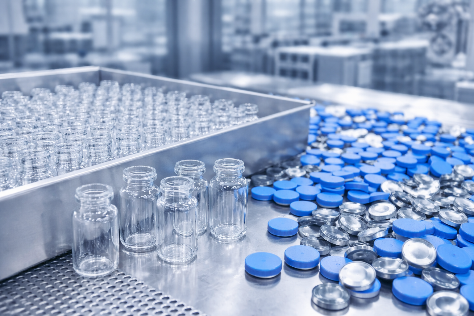 Laboratory scene with empty glass bottles and blue and silver caps on a metal surface, with a blurred cityscape background.