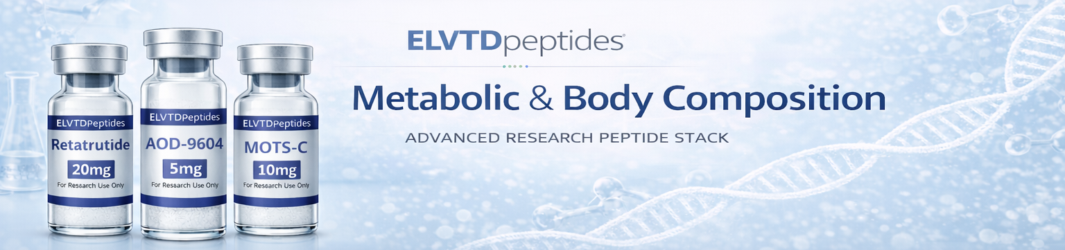 Three research vials labeled ELVTDPeptides with different peptides and dosages, set against a blue scientific background with DNA strand graphic, promoting metabolics and body composition research.