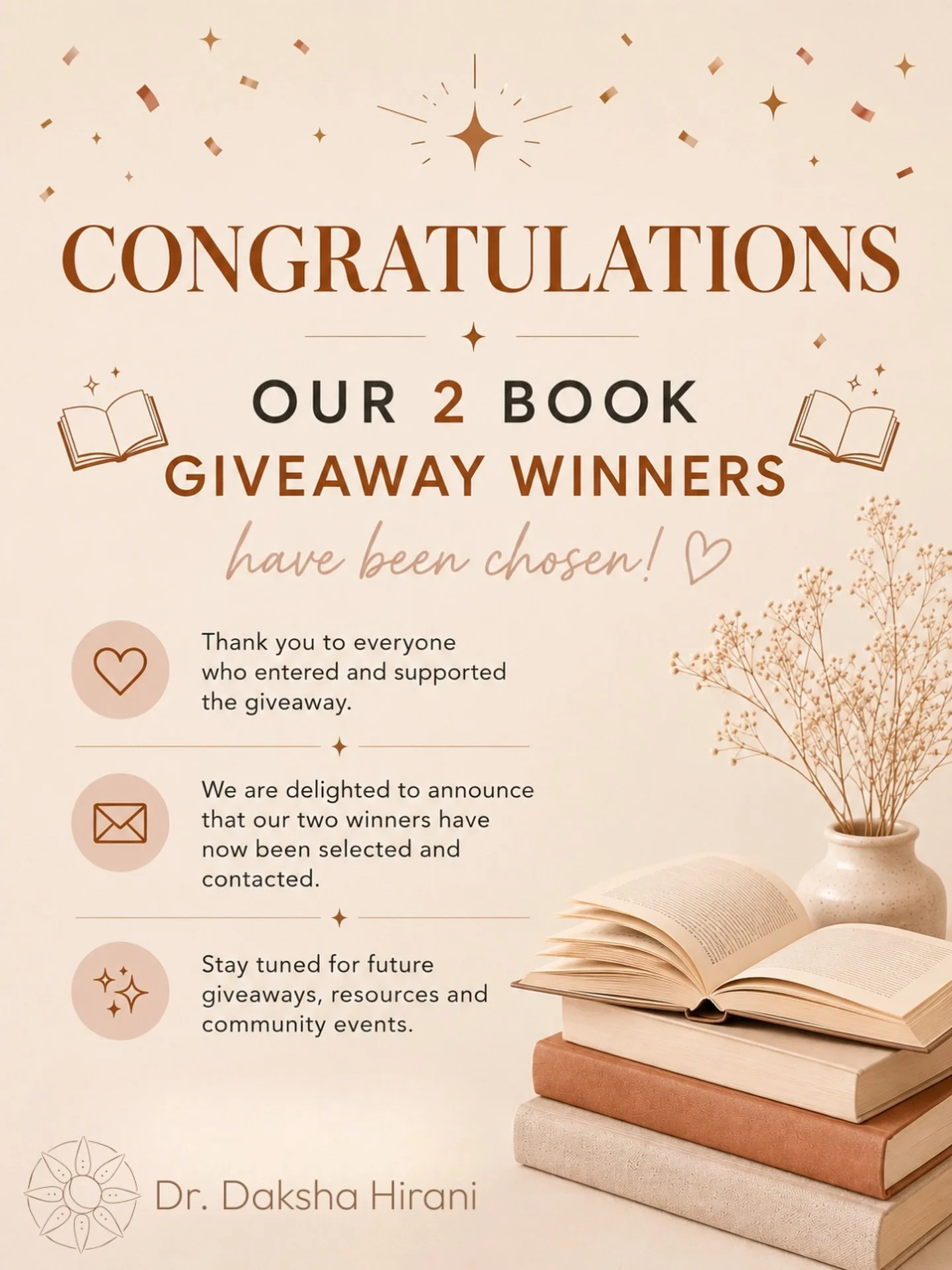 🎉 CONGRATULATIONS 🎉

A huge congratulations to our two book giveaway winners, @meenavarsani_75 and D.T. 📚🤍

Thank you to everyone who entered, shared the post and took part in the giveaway. Your support, engagement and commitment to healing and p