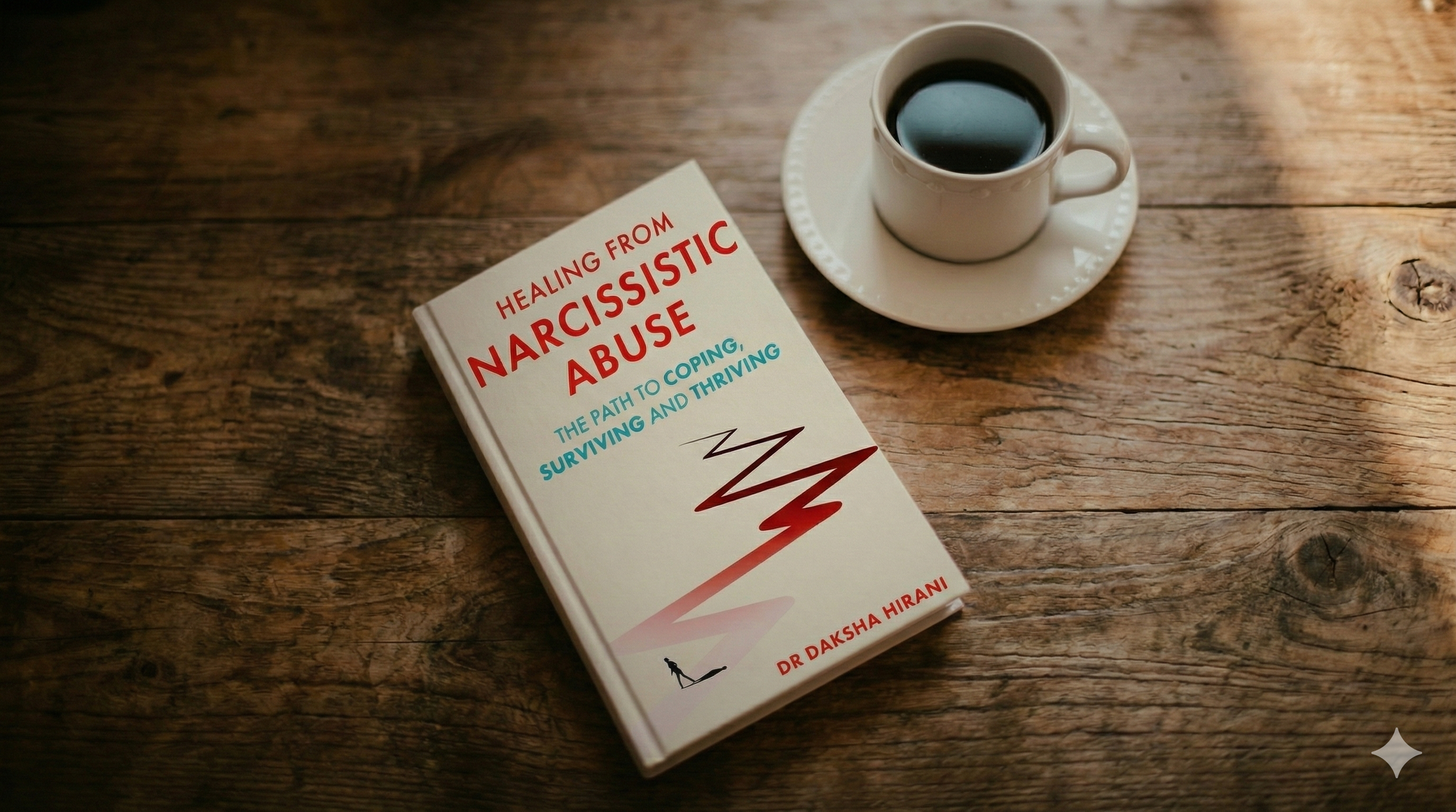 A book titled 'Healing from Narcissistic Abuse: The Path to Coping, Surviving and Thriving' by Dr. Daksha Hirani is placed on a wooden table next to a white cup of black coffee on a saucer.