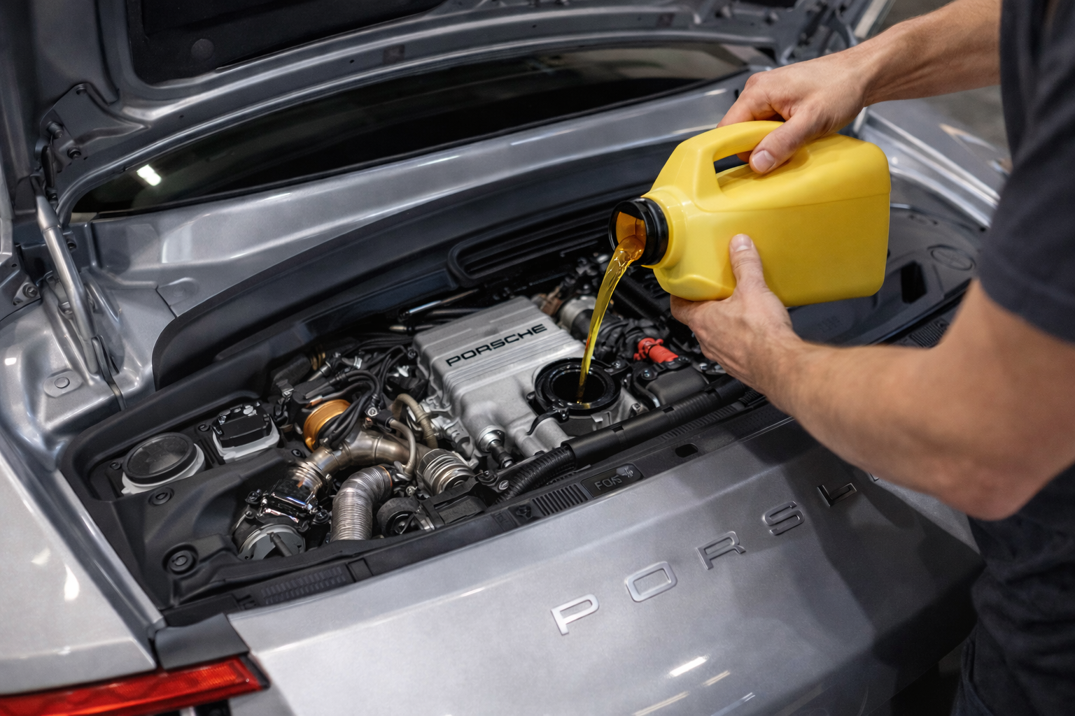 A person pouring yellow engine oil into a Porsche engine.