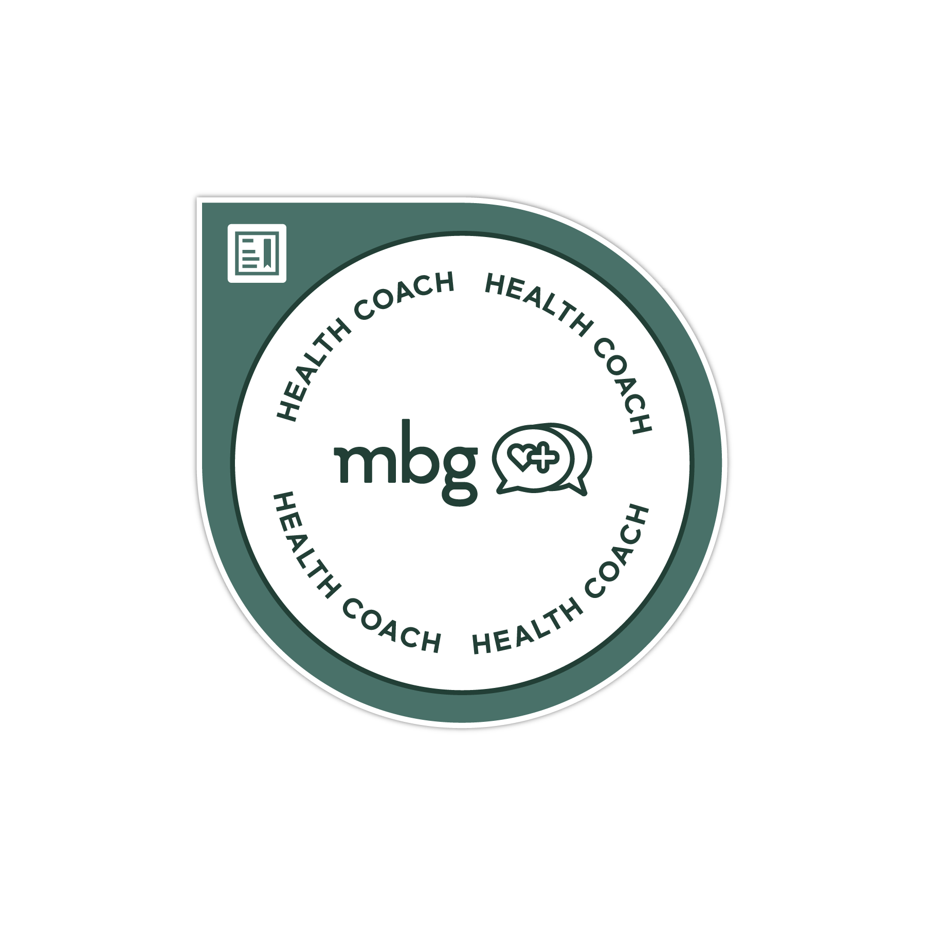 A circular logo with the text 'health coach' repeating around the edge, a speech bubble with a heart and cross in the center, and the letters 'mbg' inside the bubble, on a black background.