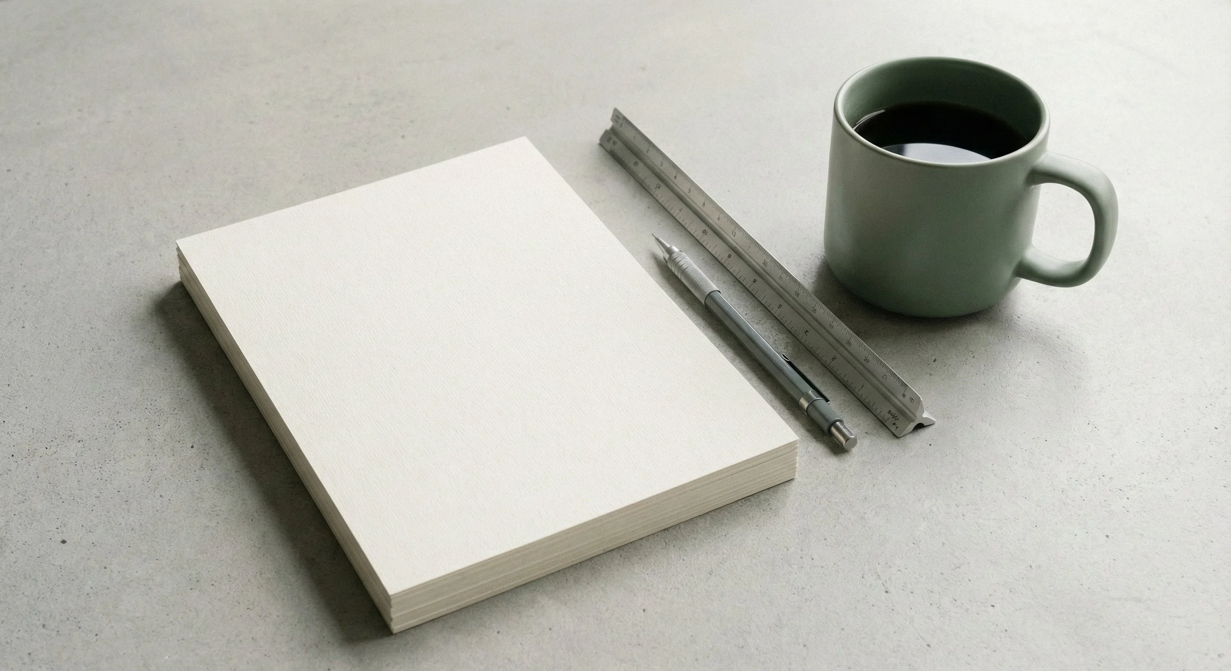 a flat lay of paper, a ruler and coffee