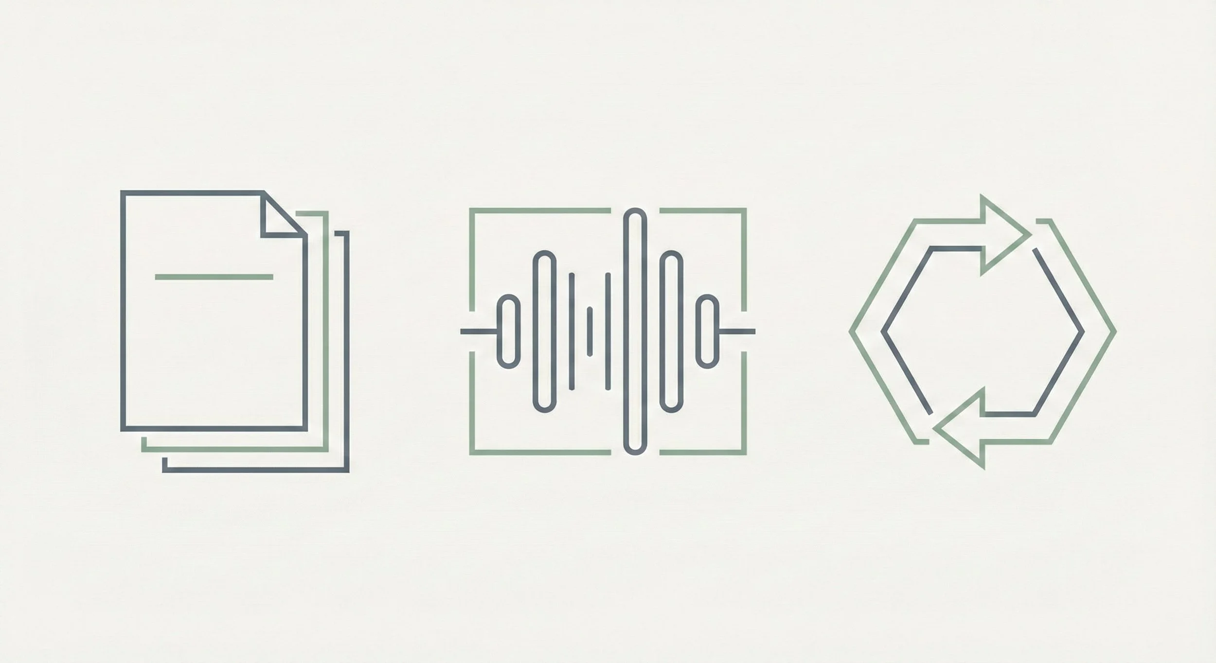 Three icons representing document editing, audio editing, and data cycling.