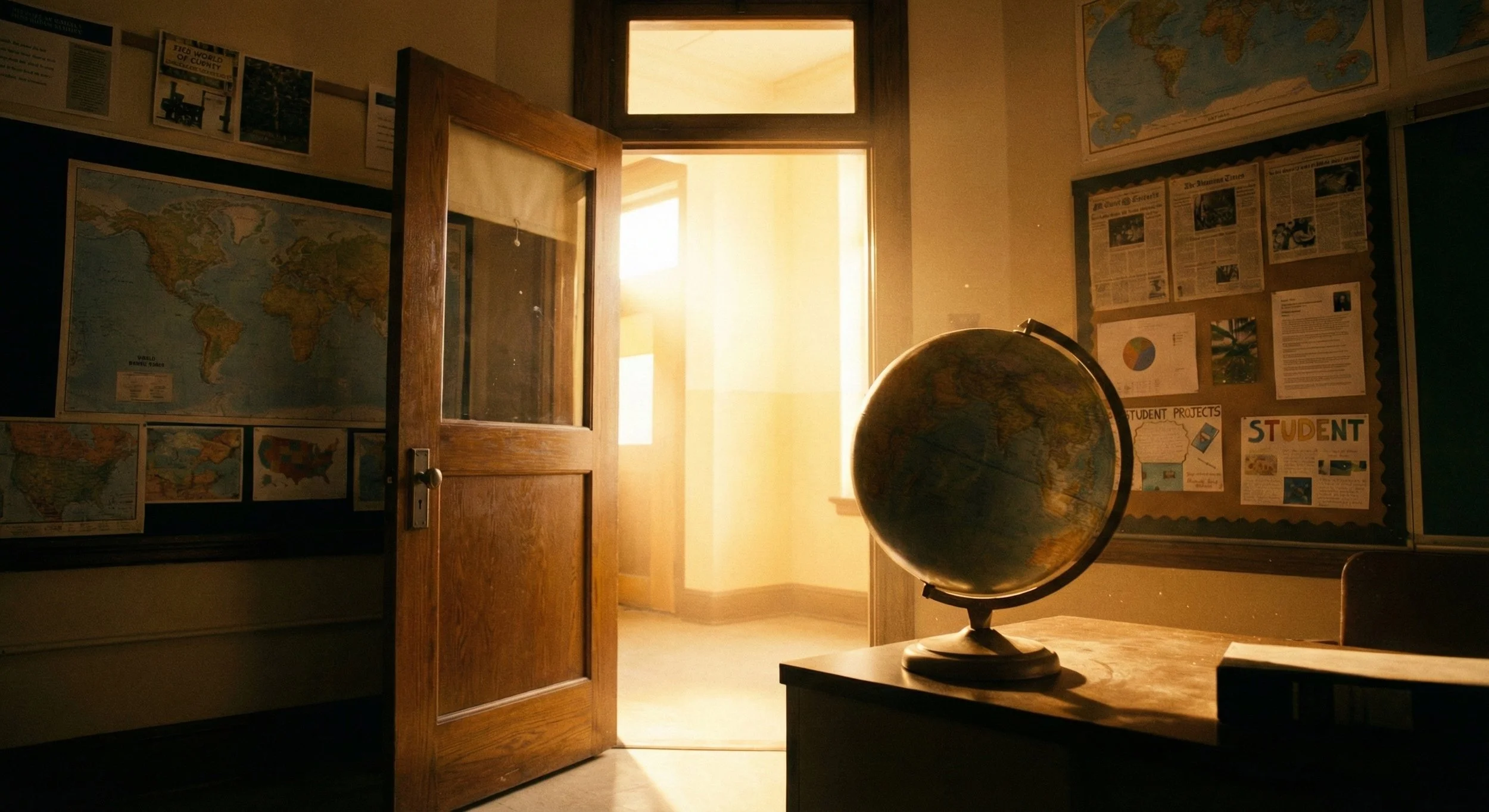 open classroom door with a globe