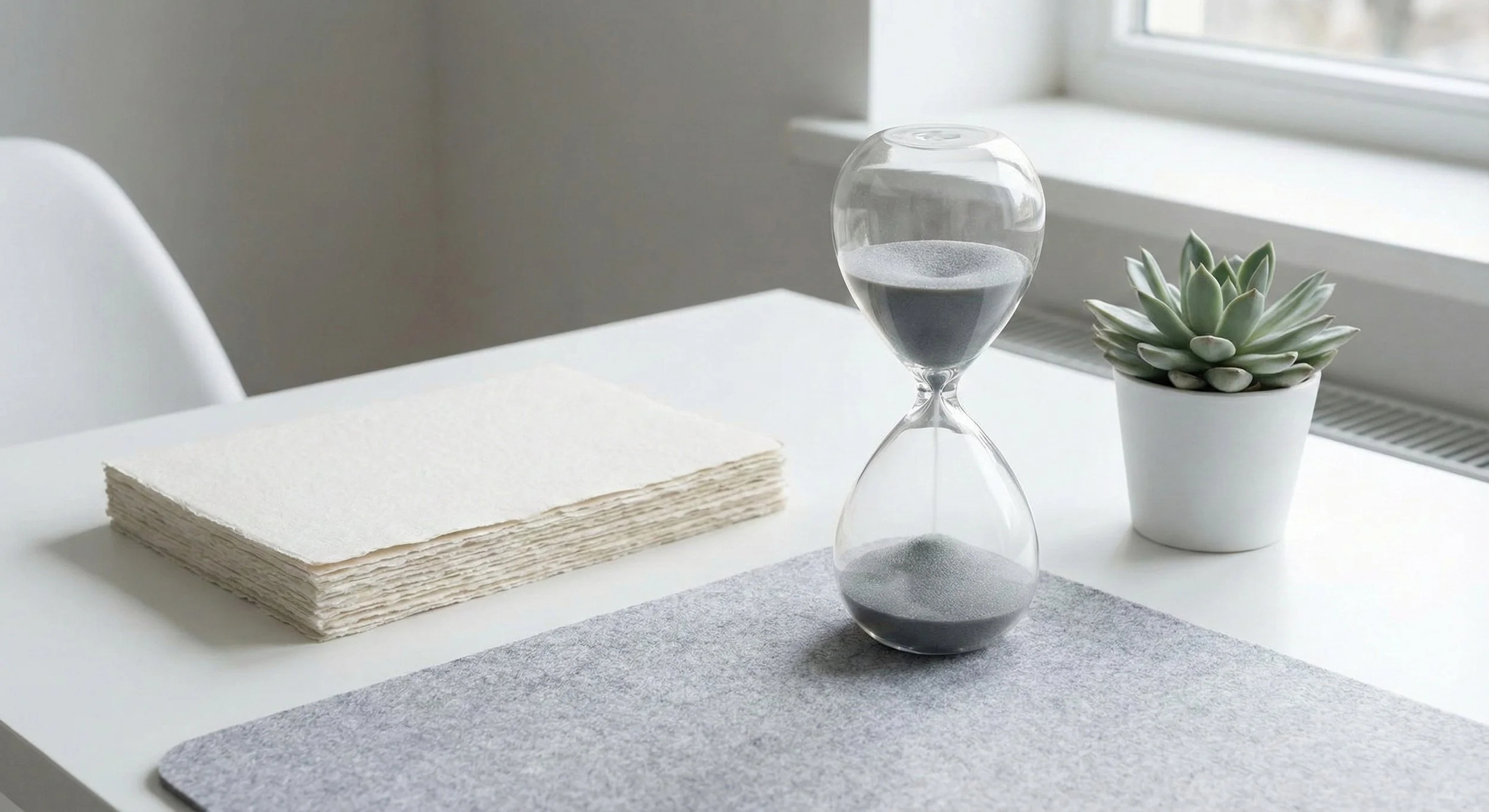 A white table with a stack of textured, handmade papers, a clear glass hourglass with black sand, a white pot with a green succulent plant, and a gray felt placemat near a window with natural light.
