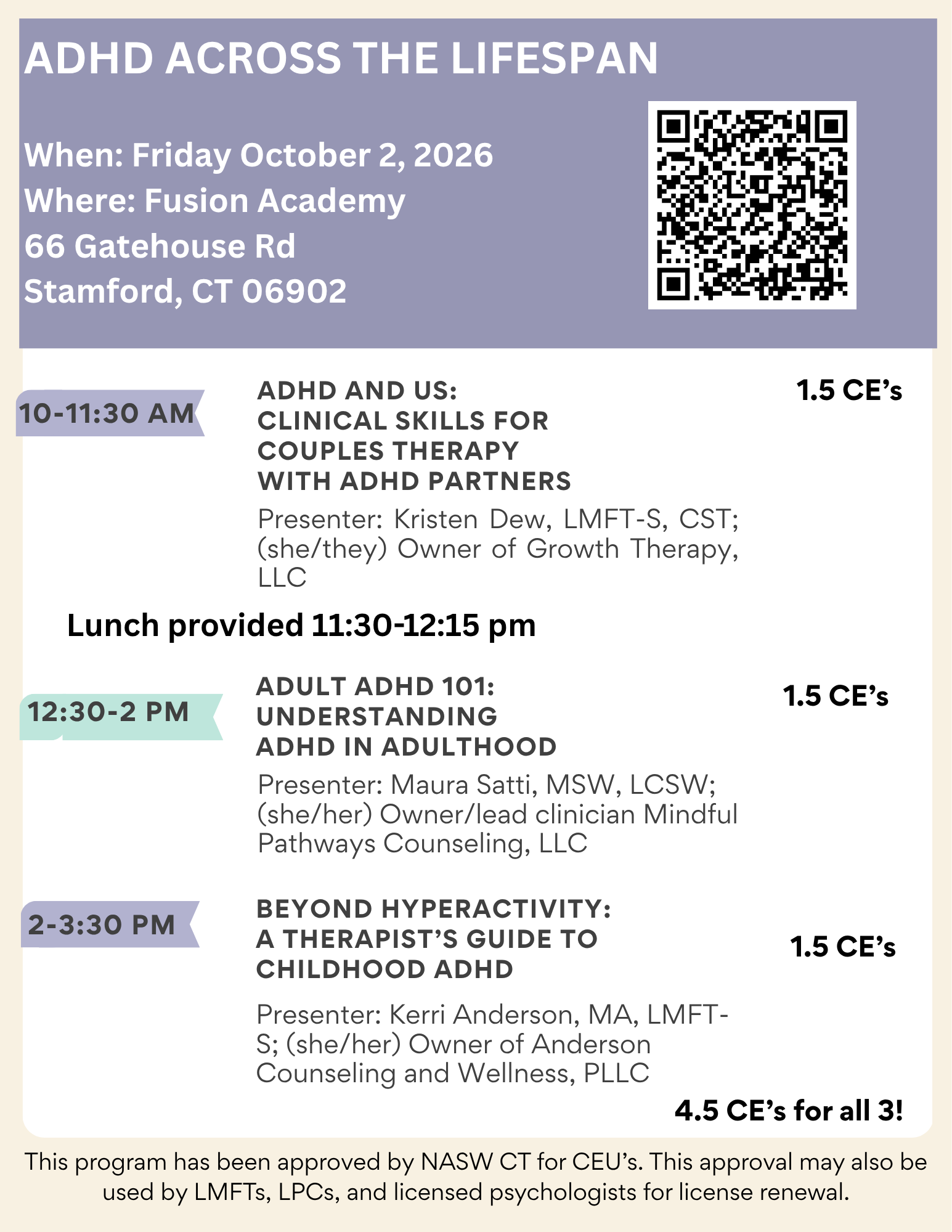 Event flyer for a series of ADHD related workshops on October 2, 2026, at Fusion Academy, Stanford, CT. Includes session topics, times, speakers, and CE credit details, with a QR code for more information.
