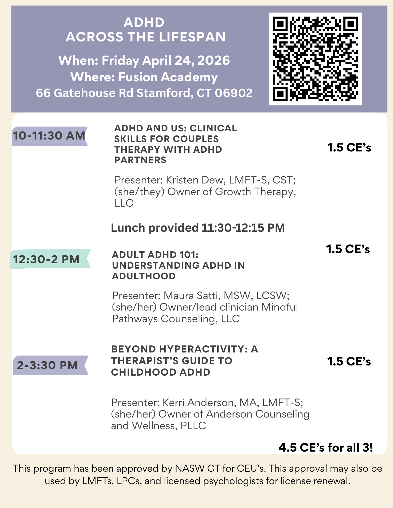 Event schedule flyer for ADHD conference titled 'ADHD Across the Lifespan'. It features session times, titles, and presenter information, and a QR code in the top right corner. The flyer states the event date as April 24, 2026, location at Fusion Academy in Stamford, Connecticut, with lunch provided.