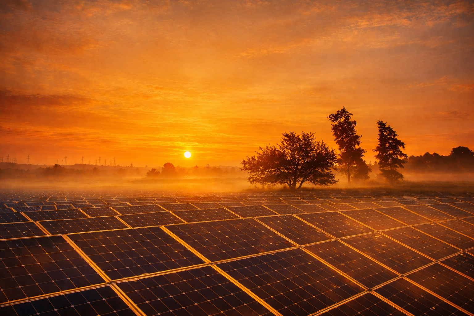 Solar panels on a field at sunrise with a few trees, a foggy background, and an orange sky.