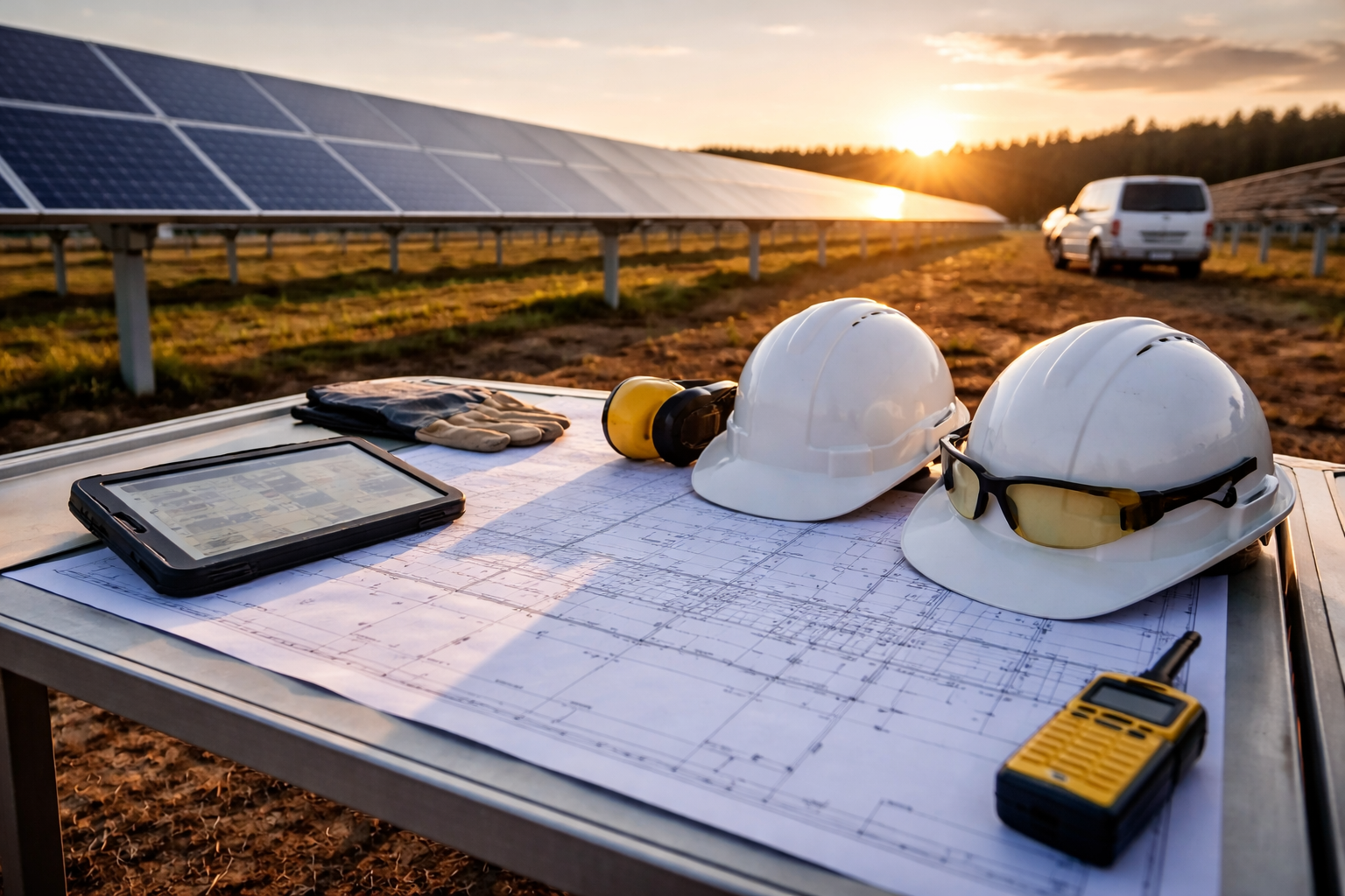 Solar panels in a field at sunset with construction safety equipment, including two white hard hats, a pair of sunglasses, a walkie-talkie, a tablet, and gloves on a table with blueprints.