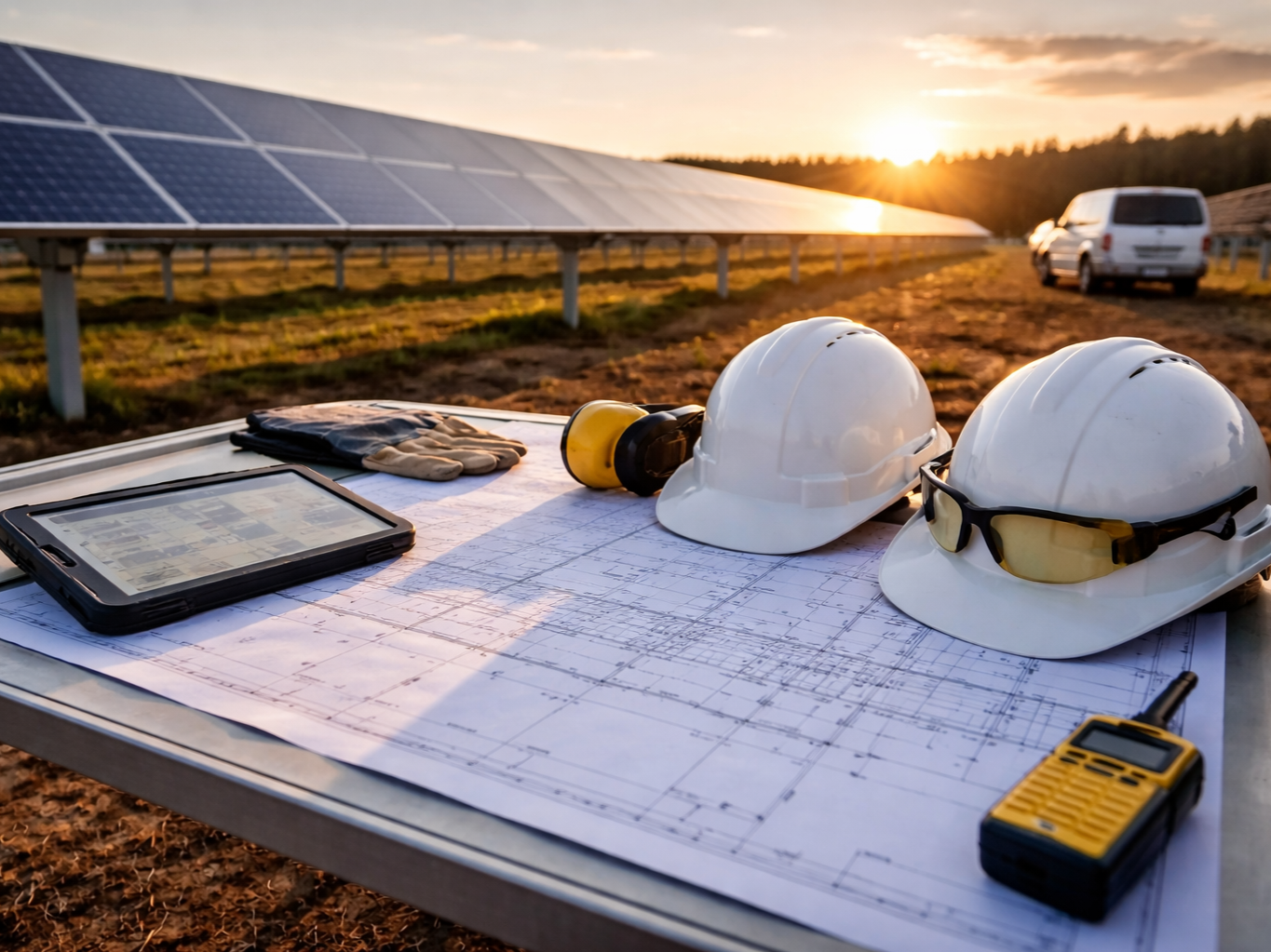 Solar panel farm during sunset with construction plans, white safety helmets, goggles, gloves, a walkie-talkie, and a digital device on a table in the foreground.