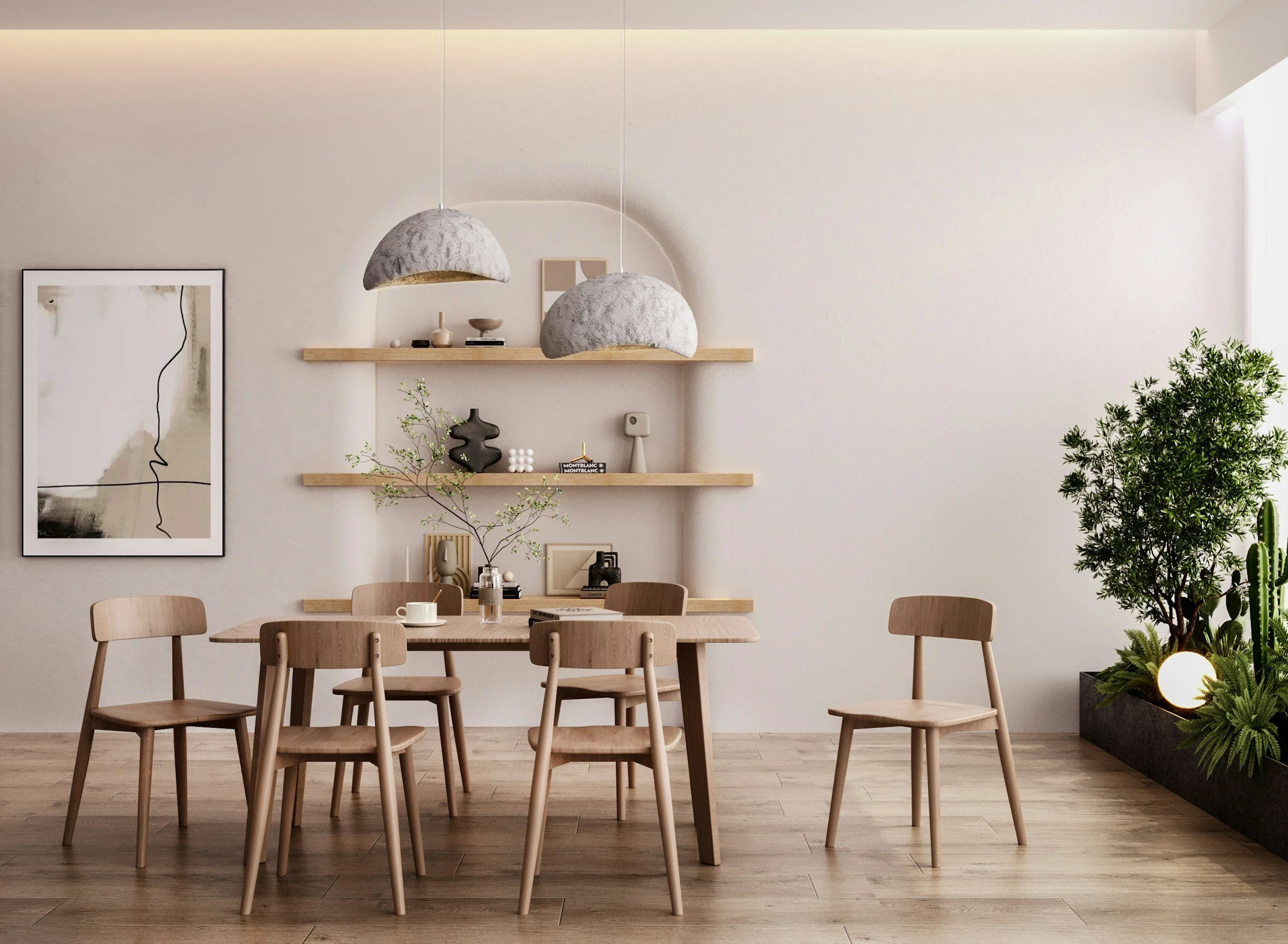 Minimalist dining room with wooden table and six matching chairs, decorated with modern decor, on a wooden floor, with floating shelves, abstract art, and potted greenery on the white wall, illuminated by natural light and two pendant lights.