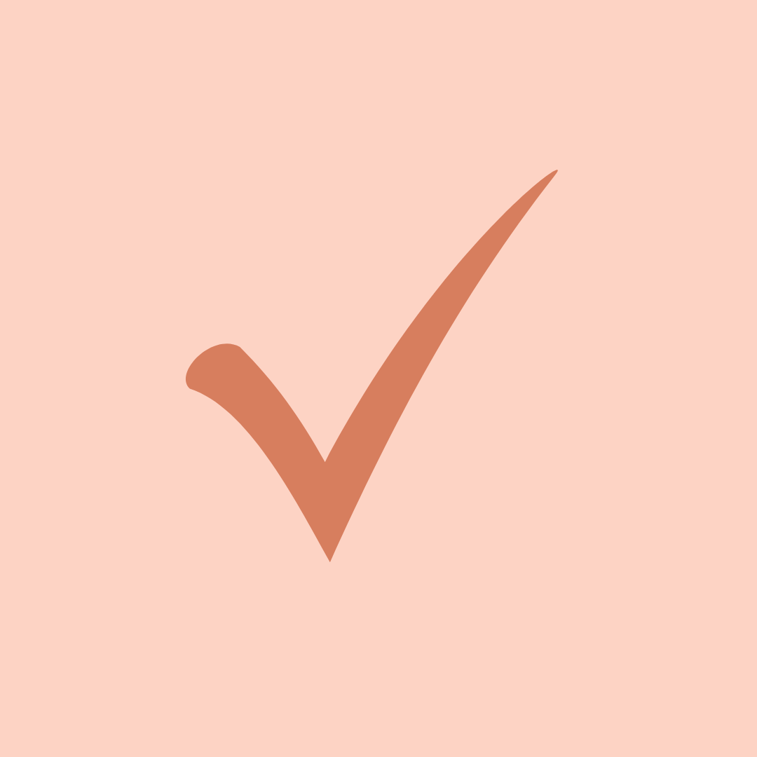 A large beige check mark on a pale pink background.