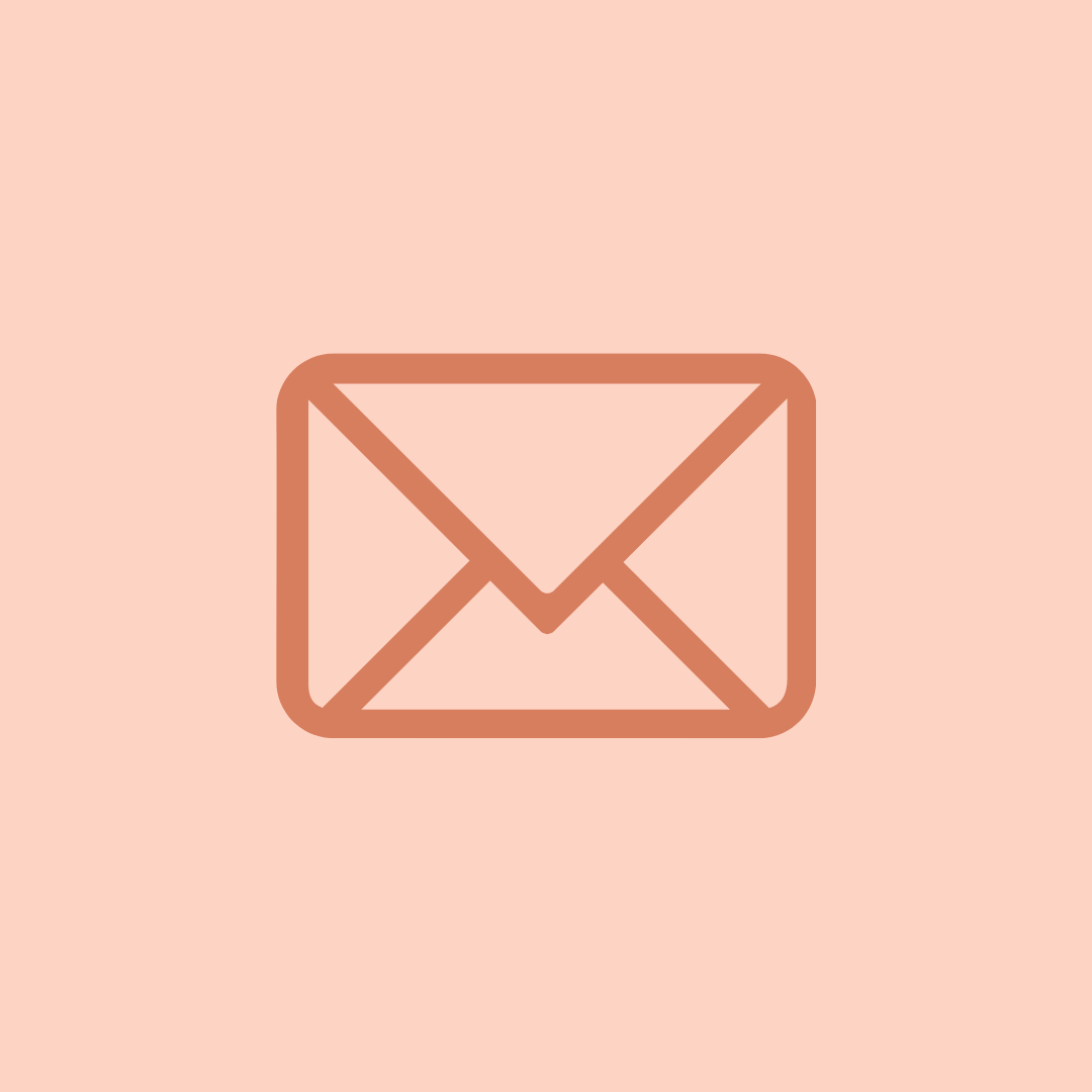 Outline of an envelope icon on a pink background.
