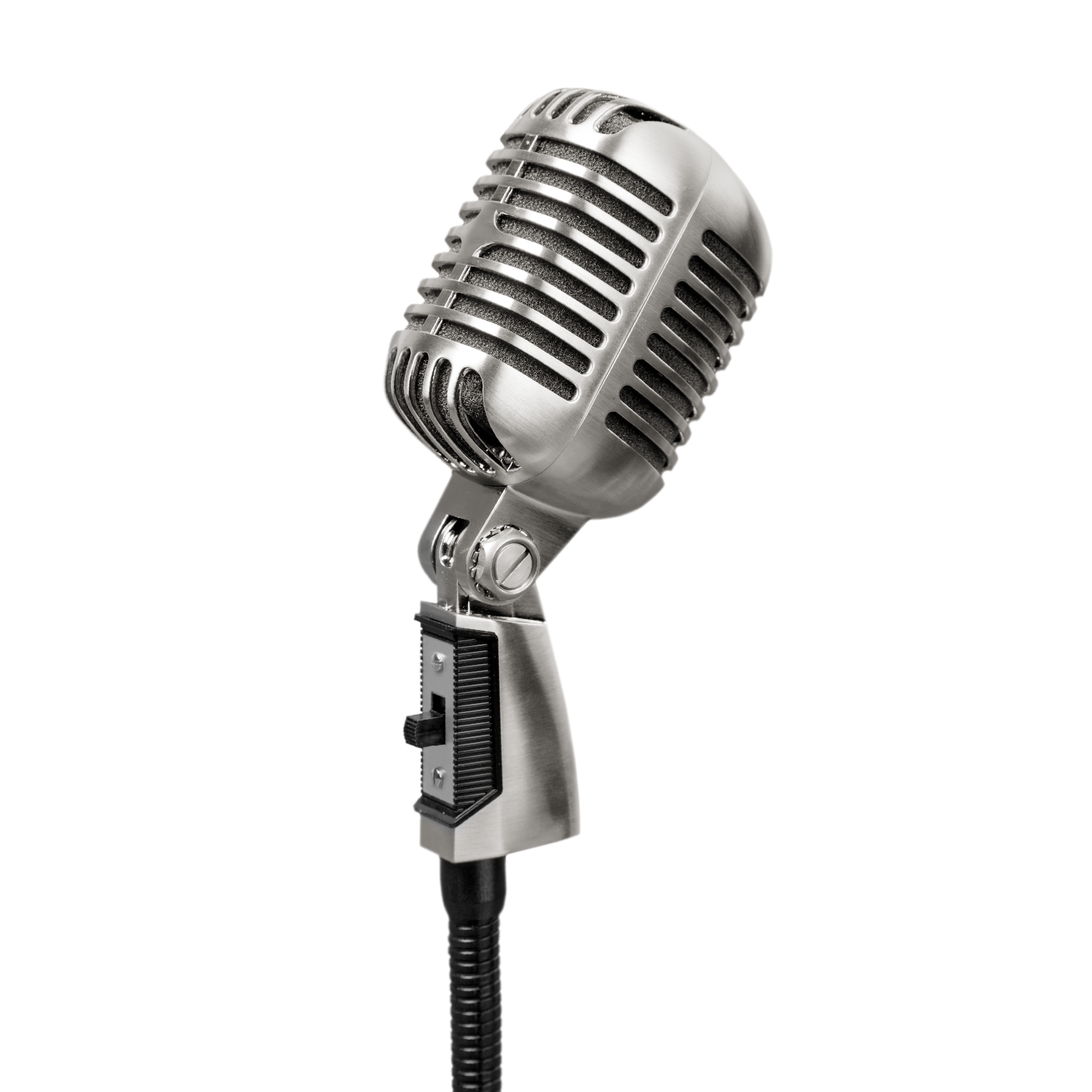 A vintage silver microphone with a black cord, tilted slightly to the left, against a background with horizontal color bands of purple, olive green, beige, and red.