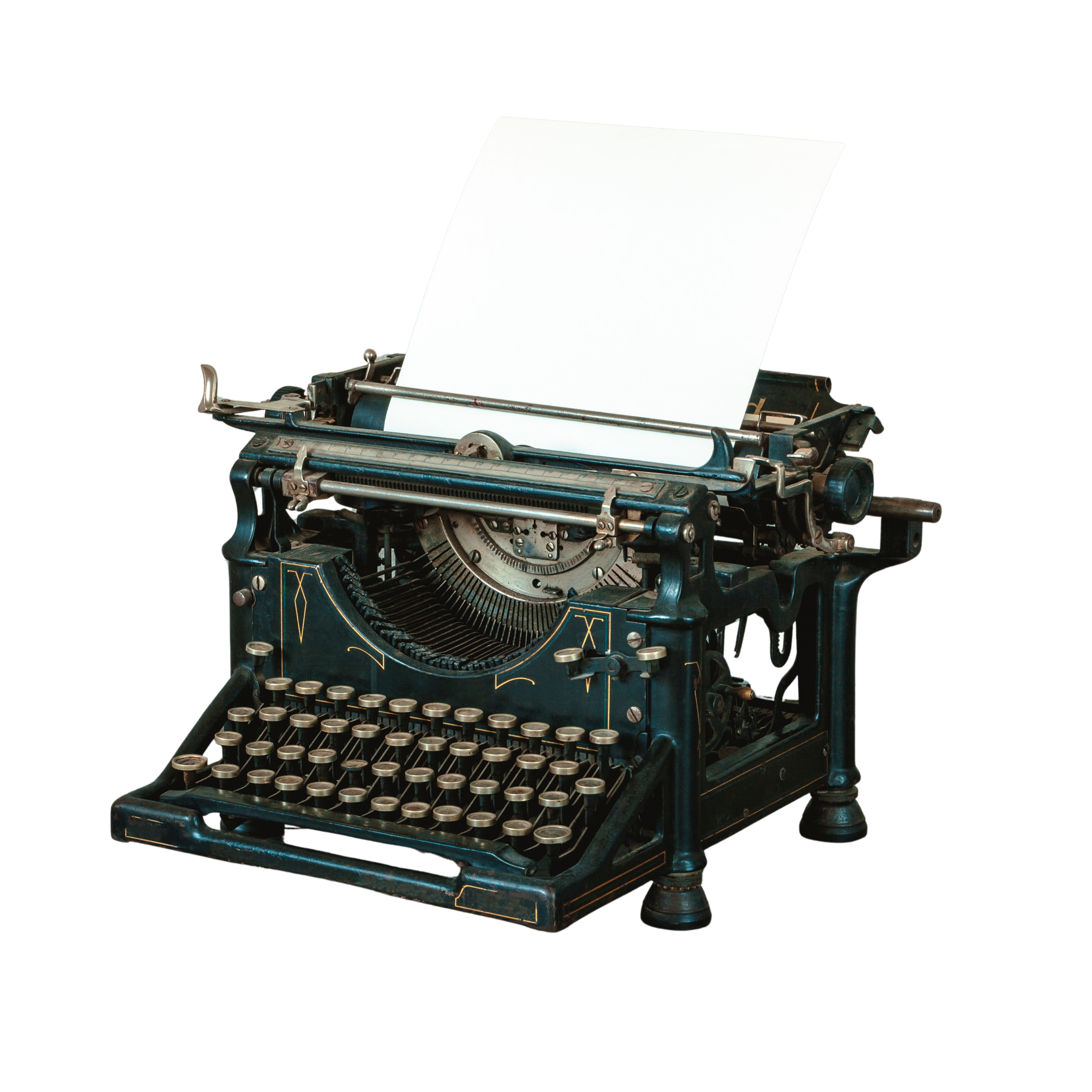 An antique typewriter with a sheet of paper inserted, set against a black background.