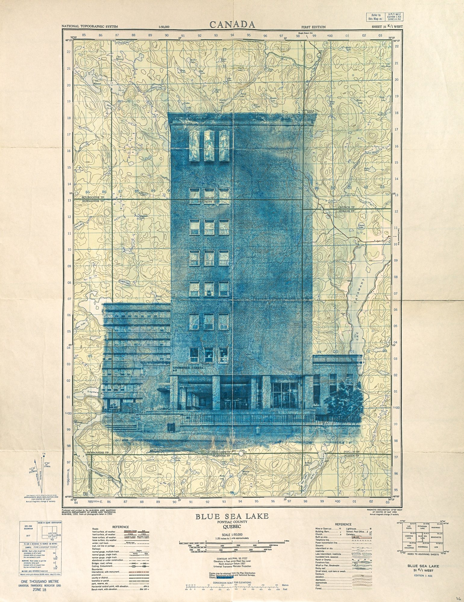 Blue Sea Lake 
Cyanotype print on vintage 1st-edition 1959 topographical map, 22.5"x29" (2024)