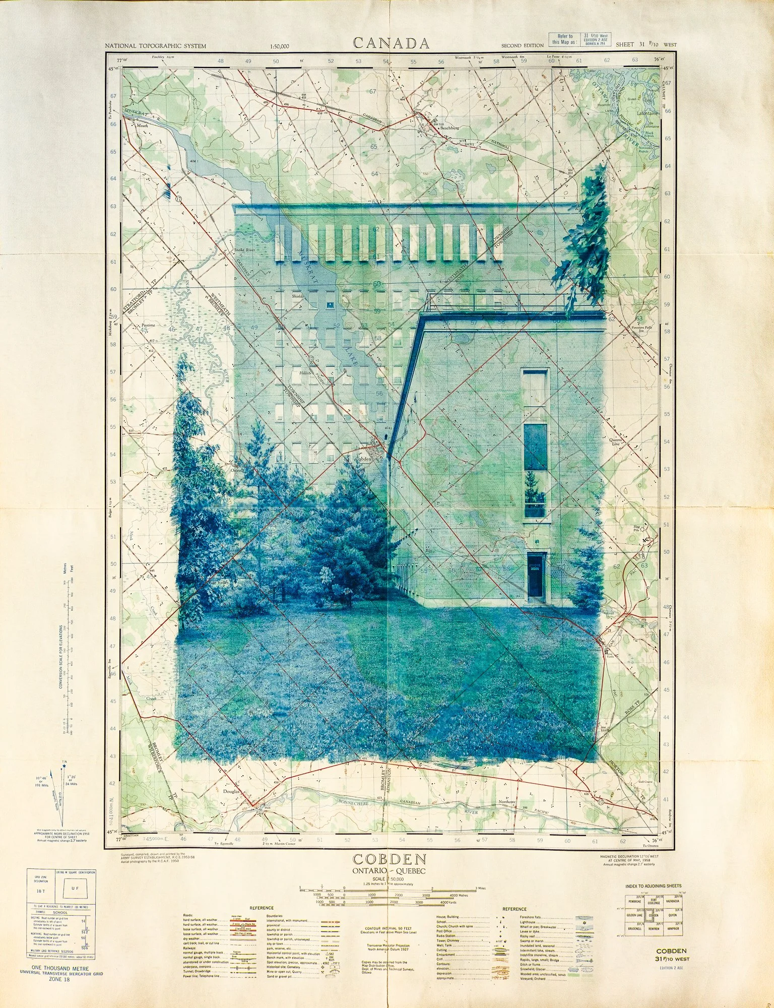 Cobden
Cyanotype print on vintage 1958 topographical map (2025)