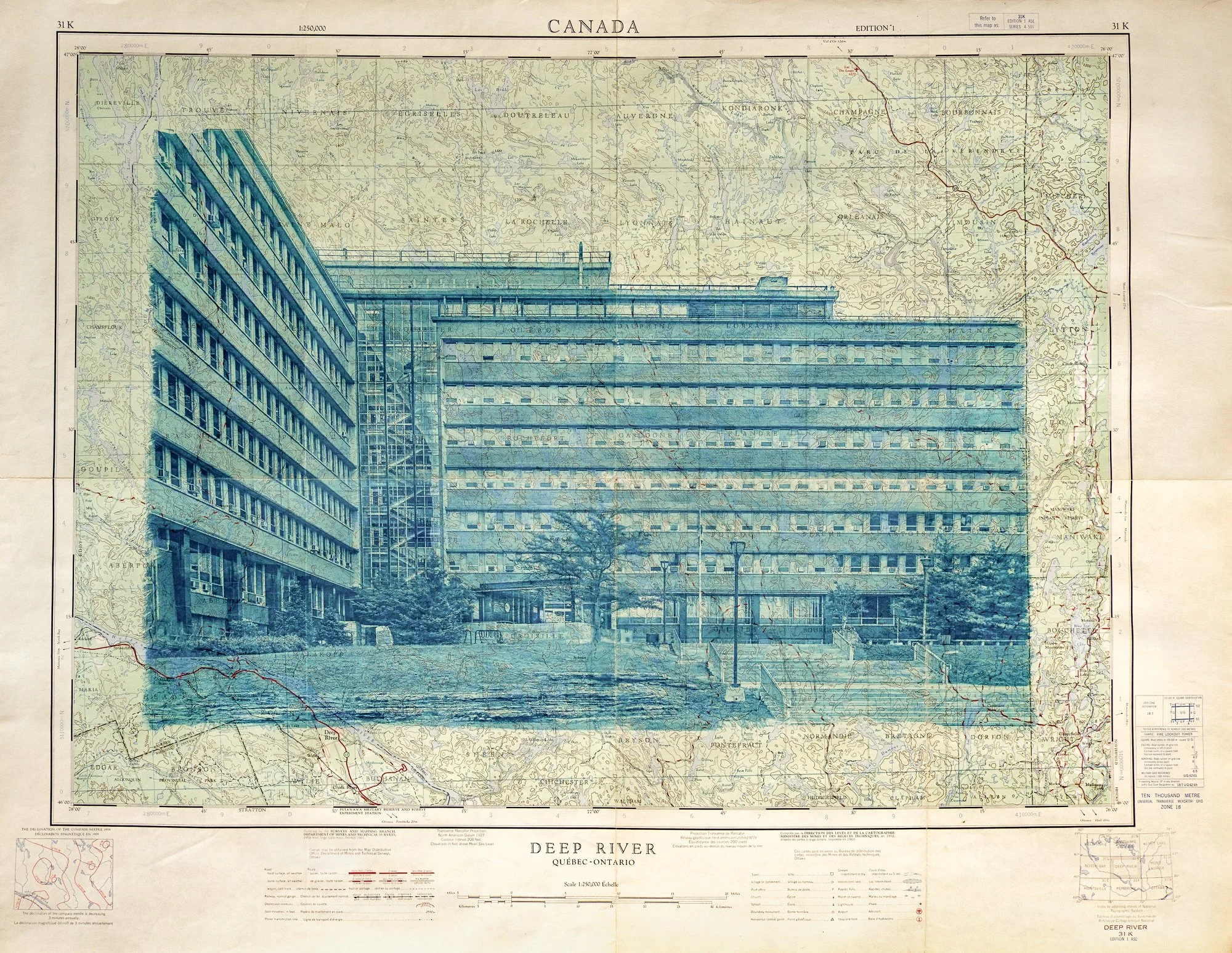 A vintage map of Deep River, Quebec-Ontario, with a superimposed cyanotype photograph of a large, multi-story office building with multiple rows of windows, trees, and a staircase in front. Booth Street Complex, Ottawa, Ontario, Canada. 