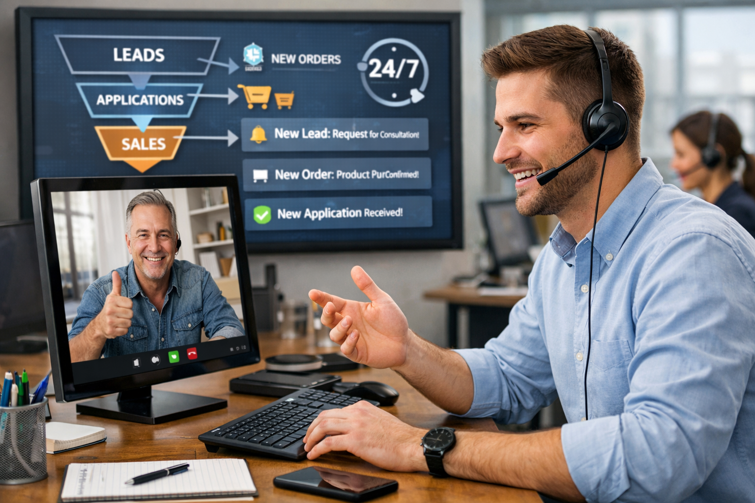 Customer service representative in a call center smiling and engaging in a video call with an older man giving a thumbs-up. The representative is wearing a headset and sitting at a desk with a computer, notes, and a smartphone. In the background, there is a large screen displaying a sales process flowchart and updates.