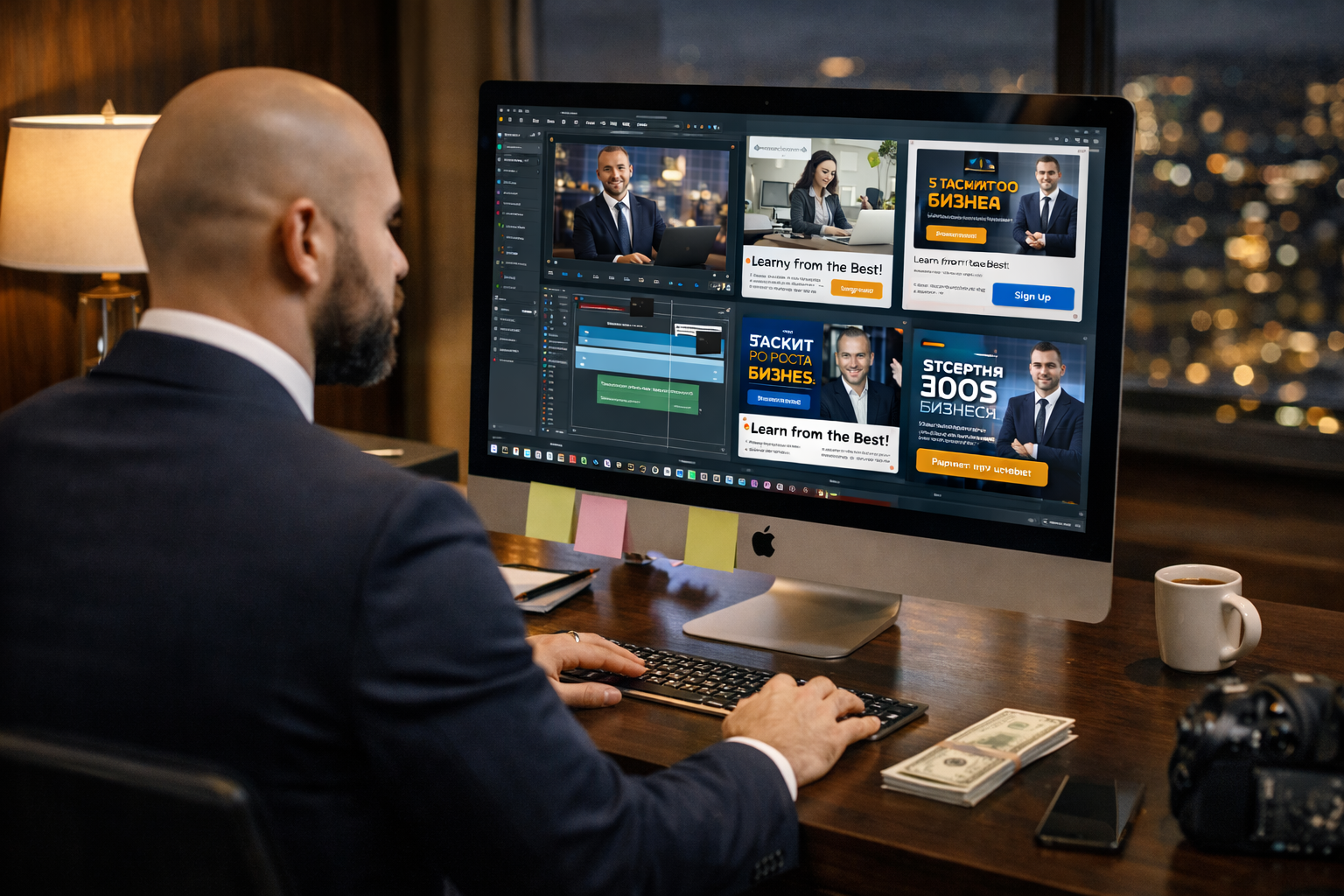 Businessman working on an iMac computer creating digital advertisements with a city skyline visible through a large window at night.
