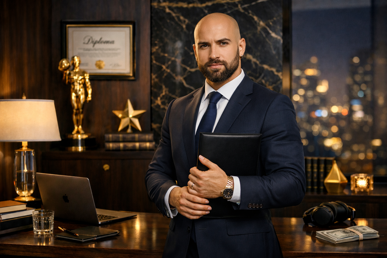 A man in a dark suit holding a black folder standing in an office with a city skyline view at night, with gold and wooden decor, a framed diploma, a gold star, an Oscar-like statue, a desk lamp, a laptop, a glass of water, a stack of books, a bundle of cash, and headphones.