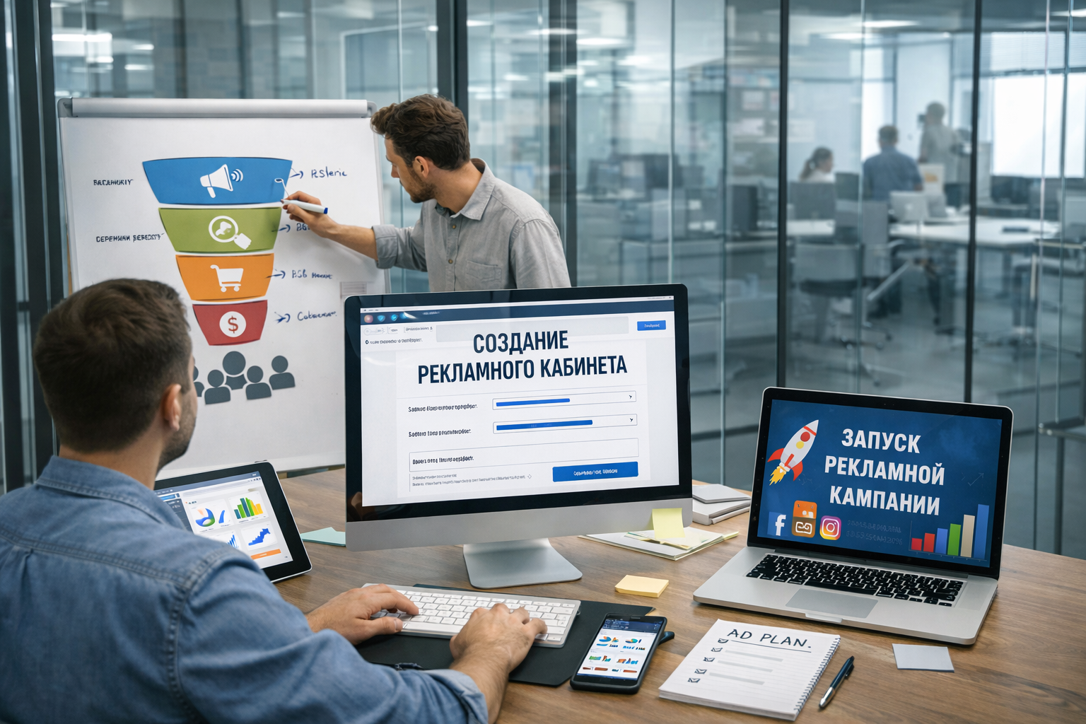Two men working on a marketing campaign in a modern office. One man is presenting a colorful infographic on a whiteboard, while the other is working at a desk with multiple screens displaying notes, graphs, and social media icons related to advertising campaigns.