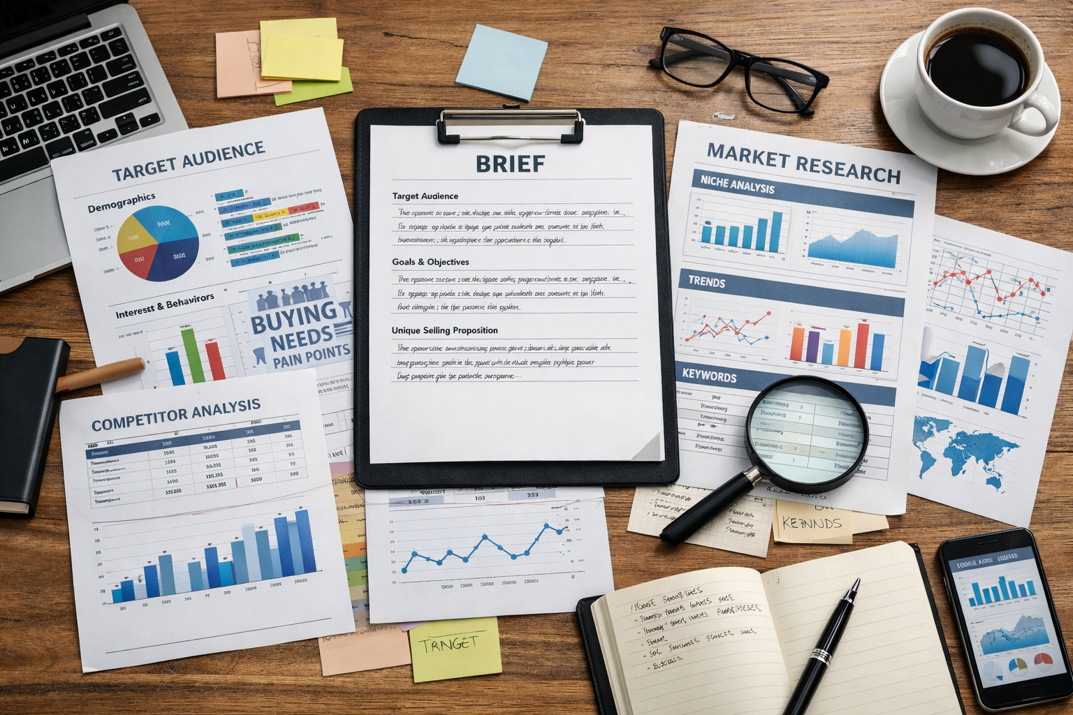 Business workspace with charts, graphs, a notebook, a clipboard, a magnifying glass, a laptop, a smartphone, sticky notes, newspaper articles, and a cup of coffee on a wooden table.