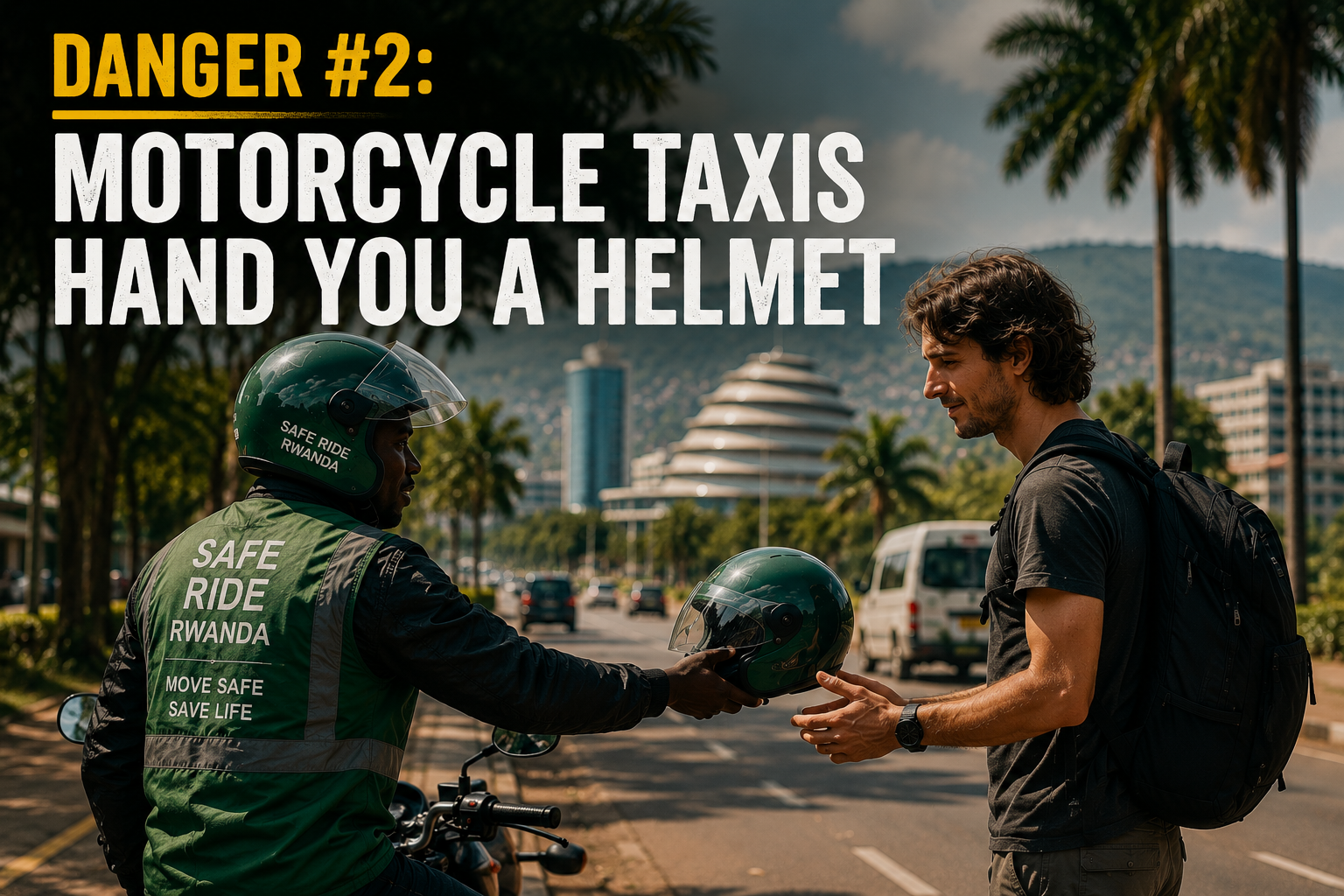 A motorcycle taxi rider in Kigali, Rwanda, hands a helmet to a solo traveler before the journey begins, highlighting Rwanda's strong culture of road safety and organized transportation.
