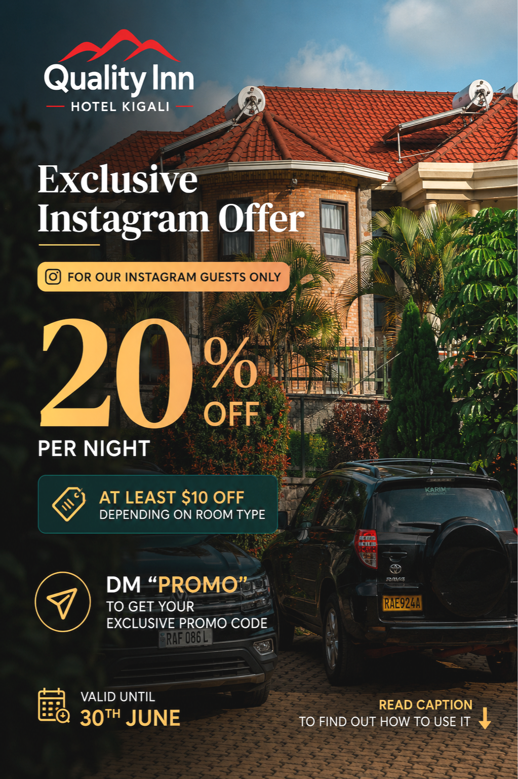Promotional poster for Quality Inn Hotel Kigali advertising an exclusive direct booking discount offer, featuring a promo code, instructions for booking via the hotel website, and validity period of 30 days.