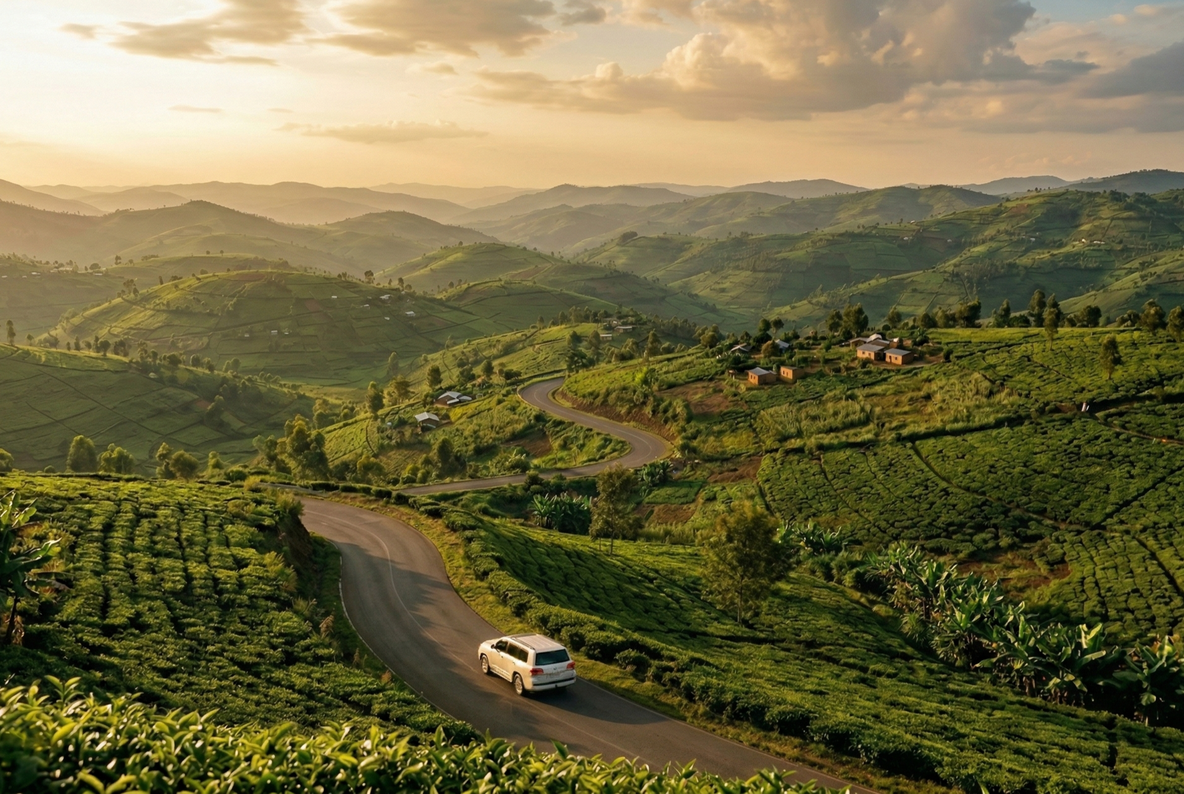 Aerial wide-angle view of a white SUV driving along a winding road through lush, green terraced hills in Kigali, Rwanda, with tea plantations, scattered houses, misty mountains, and a golden sunset sky in the background.