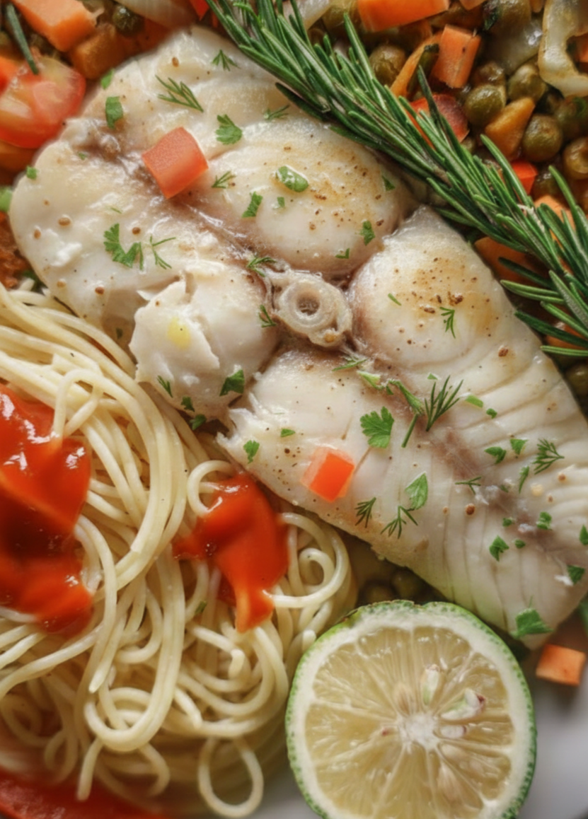 Delicious steamed fish fillet with spaghetti, vegetables, and lemon, a relaxed and fulfilling dining experience for local and international travelers at Quality Inn Hotel Kigali, Rwanda