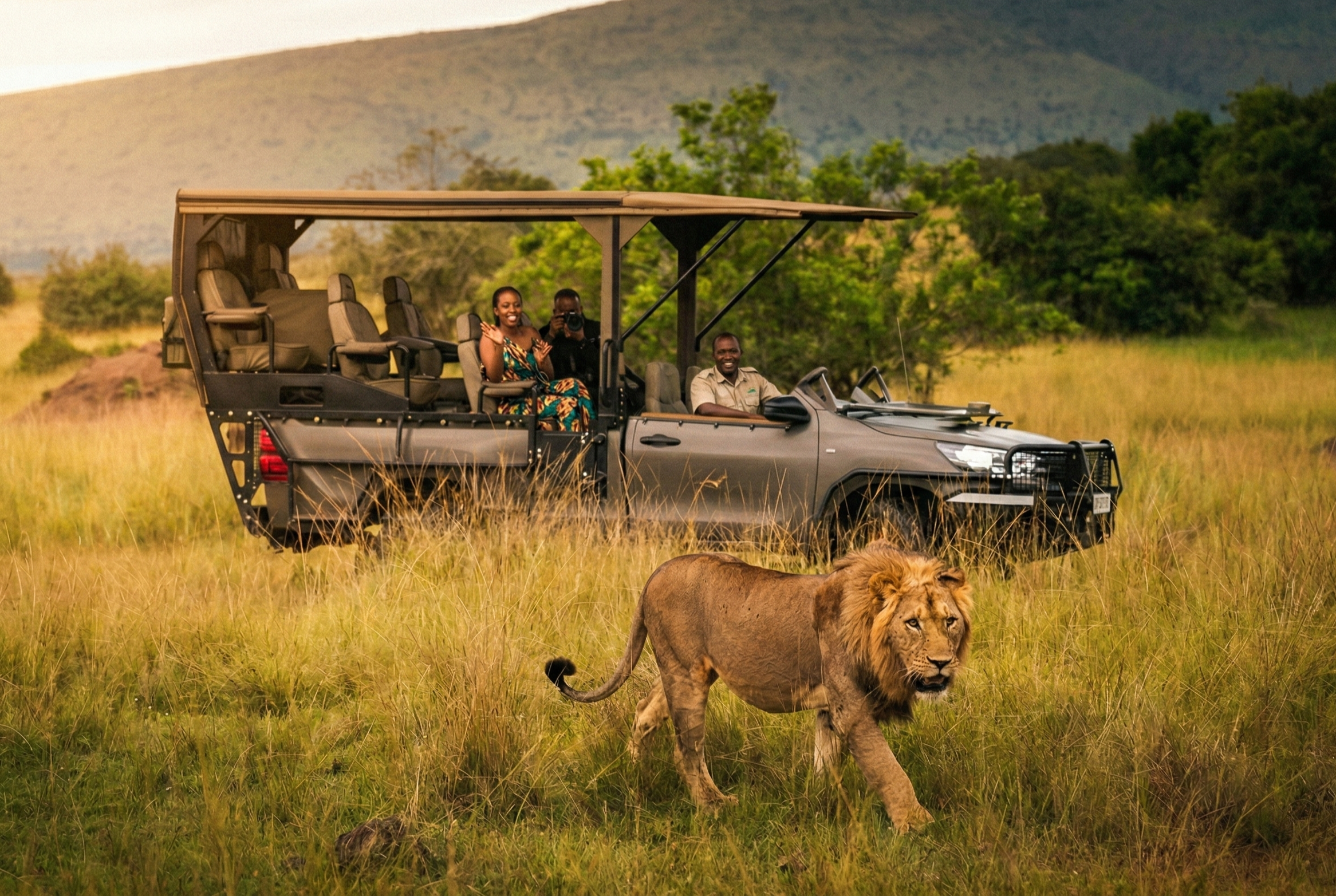 A majestic male lion with a thick mane walks through golden grass in the savanna of Akagera National Park, Rwanda, while tourists in an open-sided safari vehicle watch and take photos under a hazy late-afternoon sky.