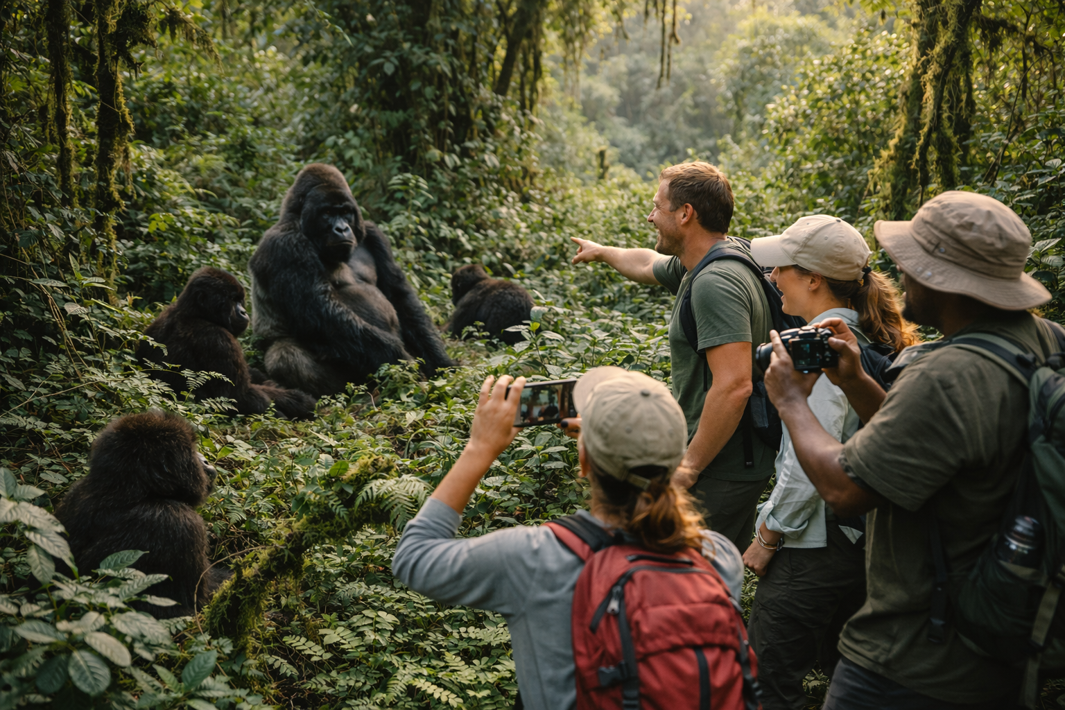 Tourists observe a family of mountain gorillas in a lush jungle clearing in Volcanoes National Park, Rwanda. A large silverback sits calmly in the center, surrounded by smaller gorillas, as visitors take photos and point in awe.