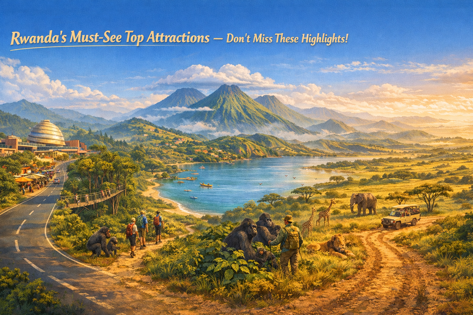 Panoramic illustrated map of Rwanda showing a seamless journey: Kigali landmarks, Nyungwe canopy walk, Lake Kivu, Volcanoes NP, Akagera wildlife, and rolling Thousand Hills.