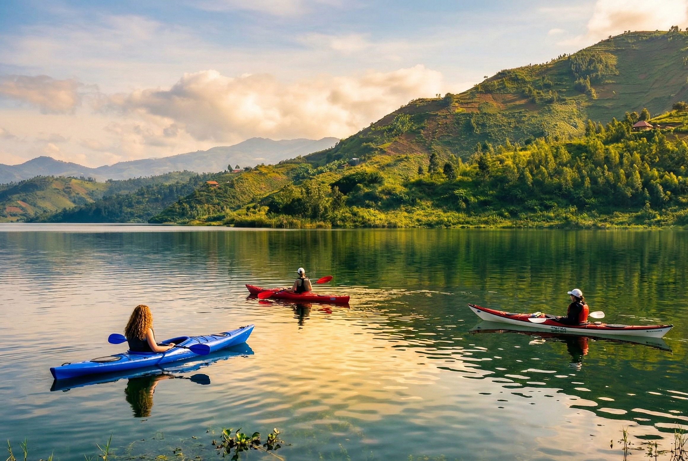 A wide shot of three people in individual kayaks—colored blue, red, and white—paddling across the calm, green-tinted water of a lake toward lush, rolling green hills under a bright, clear sky in Lake Kivu, Rwanda