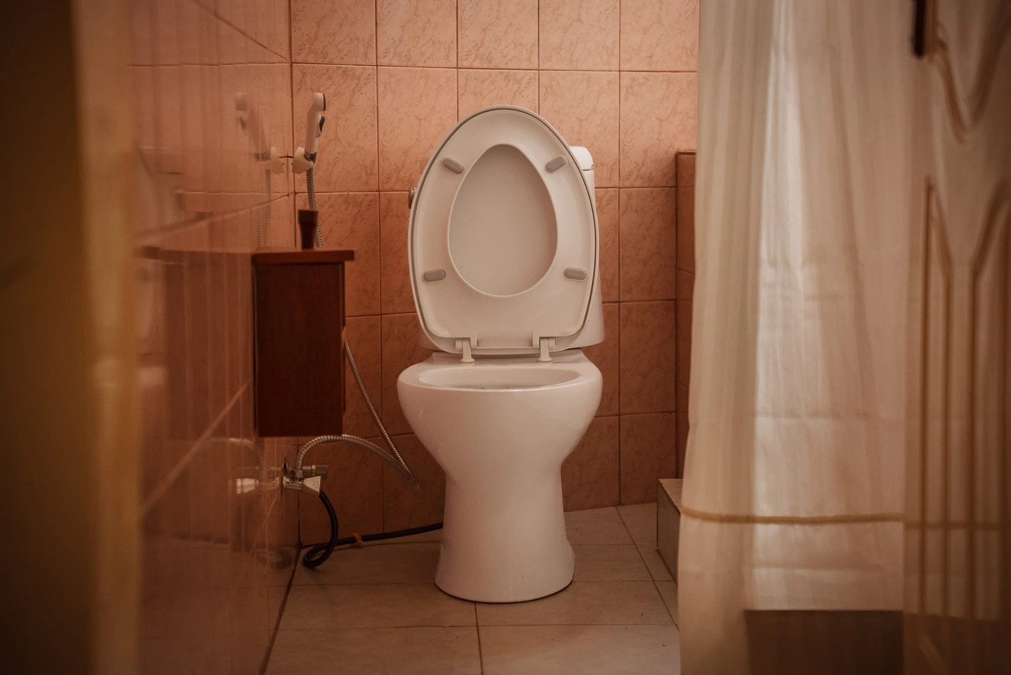A white toilet with the lid open in a restroom with pinkish-brown tiled walls and floor, partially obscured by a beige shower curtain on the right side at Quality Inn Hotel Kigali, Rwanda