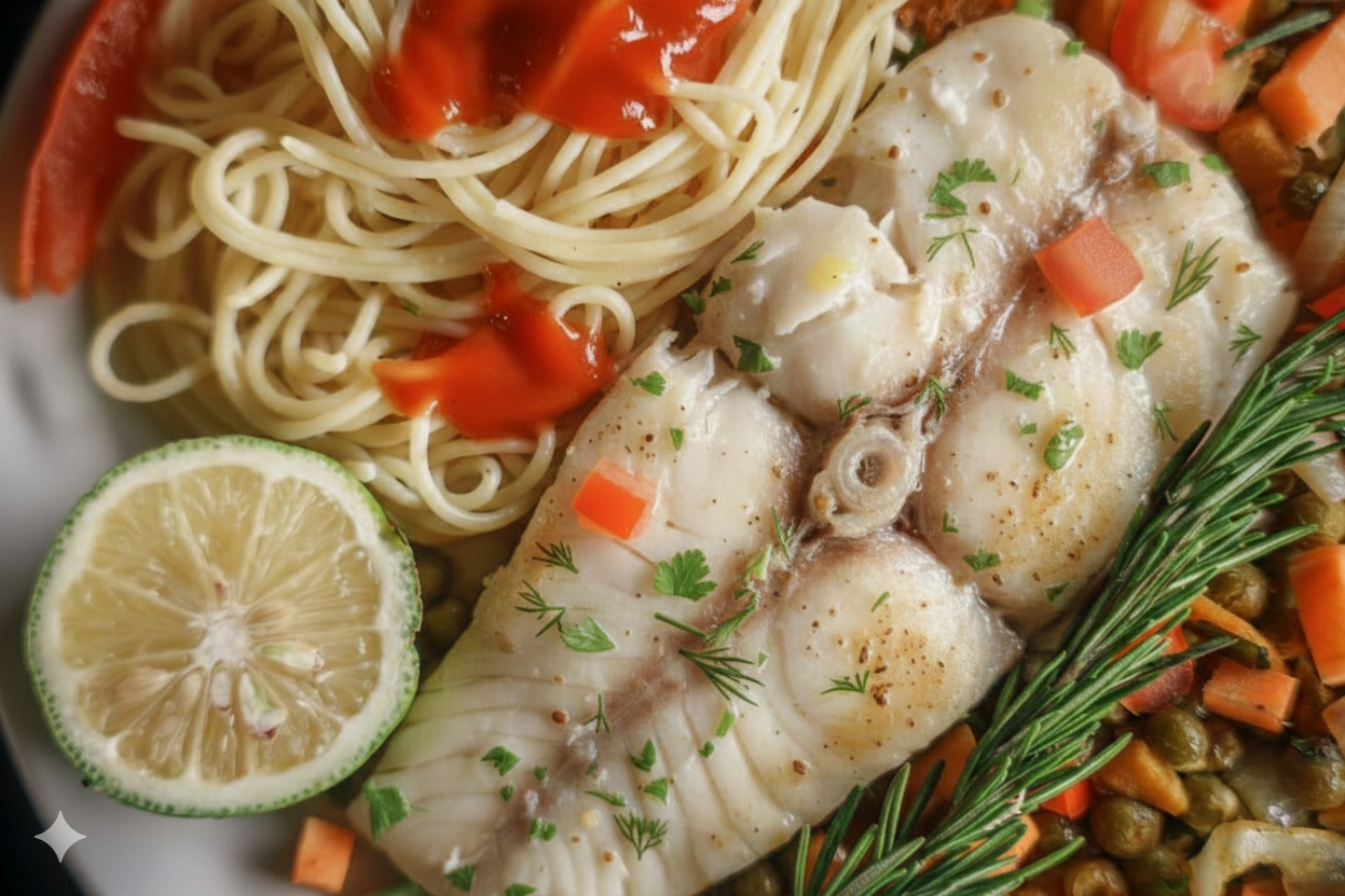 A plate of cooked fish, pasta with tomato sauce, lemon wedge, and vegetables including carrots and peas, garnished with herbs and a sprig of rosemary.