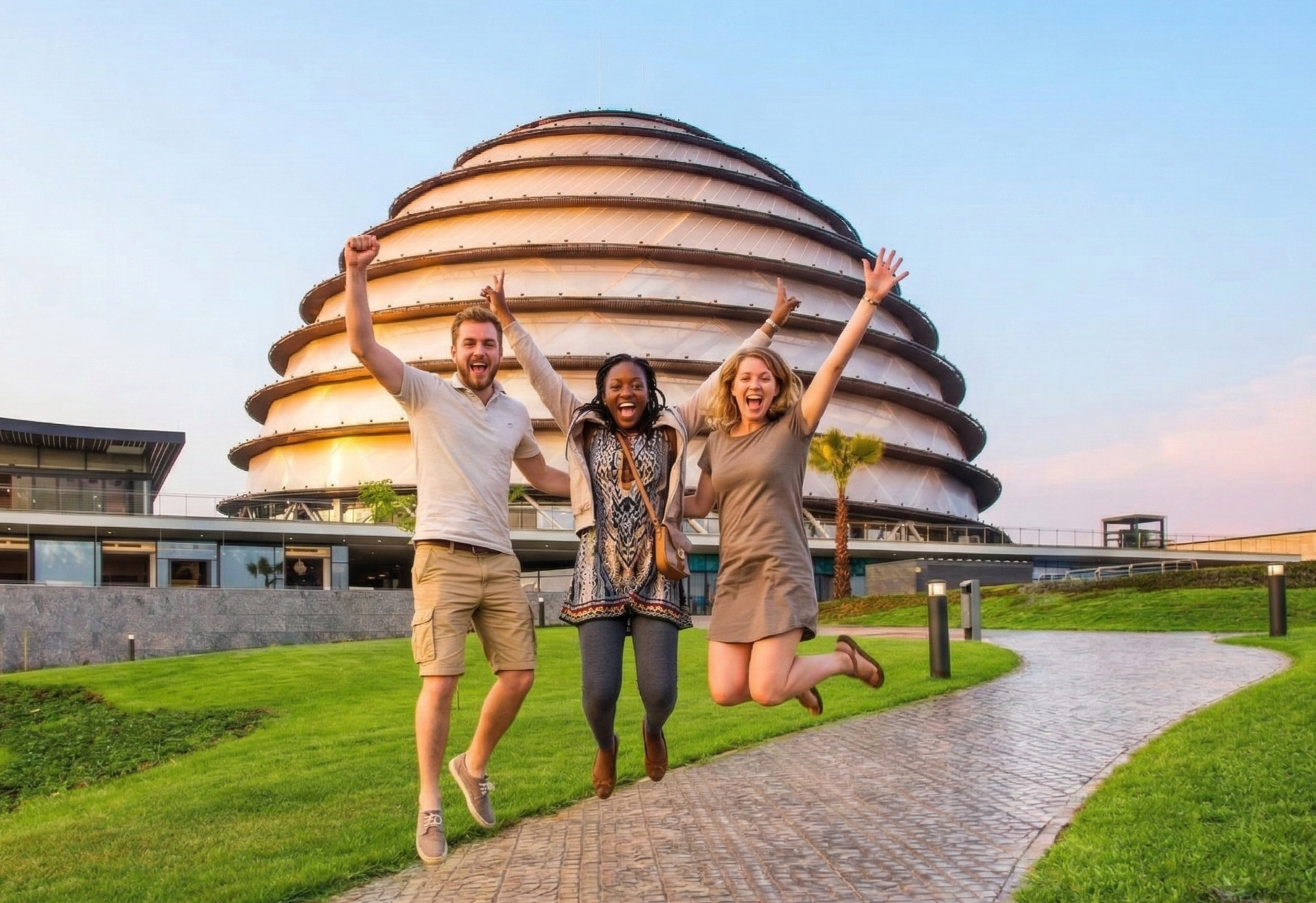 Three diverse friends jumping happily mid-air on a paved walkway in front of the illuminated Kigali Convention Centre dome at sunset.