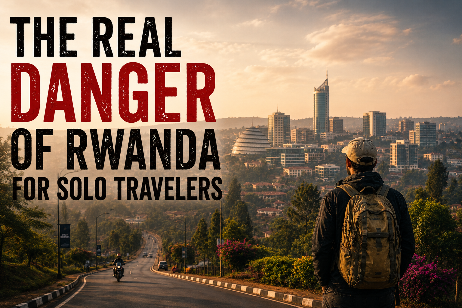 A solo traveler overlooking Kigali's skyline at sunset, with Rwanda's iconic convention center and rolling hills in the background, illustrating the theme "The Real Danger of Rwanda for Solo Travelers."