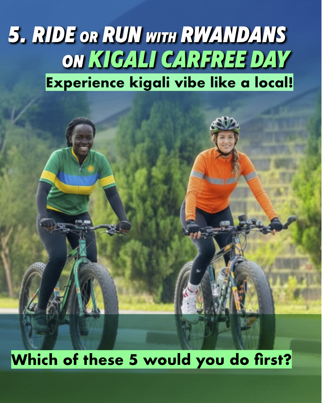 Women cycling on a tree-lined road during Kigali Car-Free Day, joining locals in city activities.