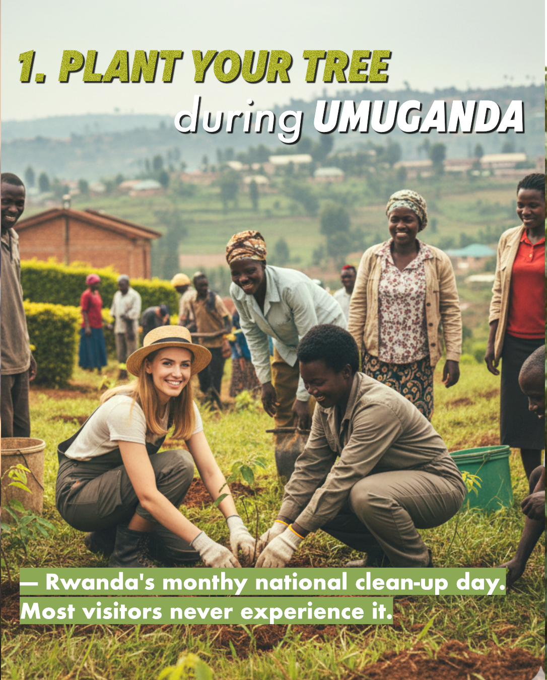 Female traveler planting a tree with a local during Umuganda, Rwanda’s monthly community clean-up.