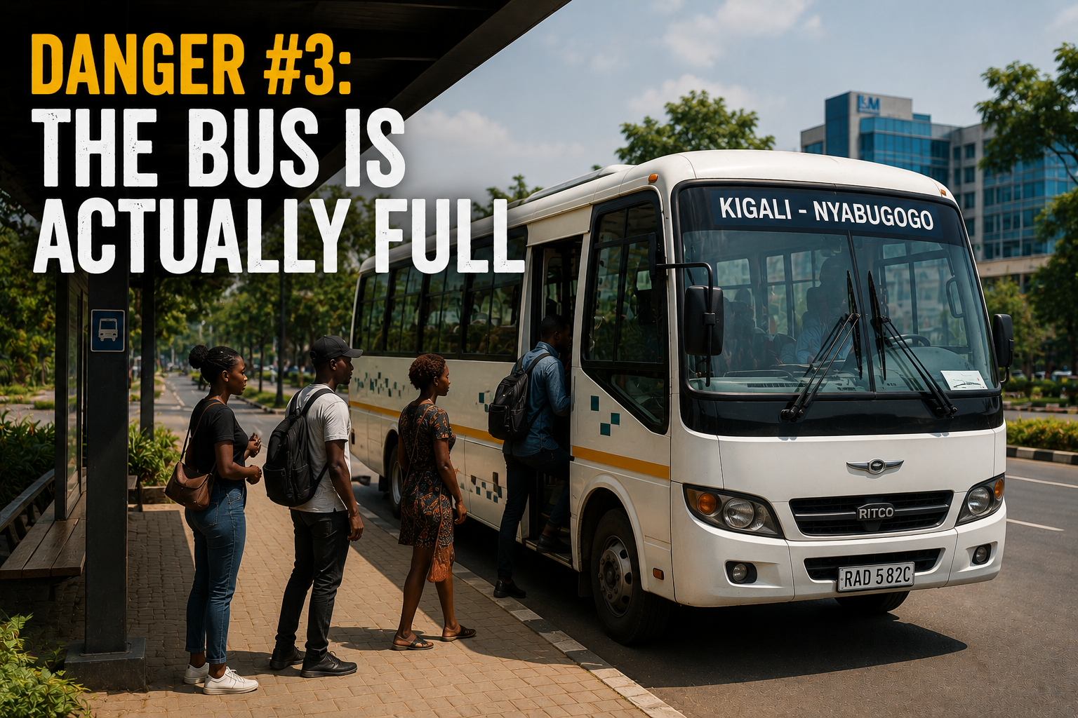 A white public bus at a bus stop in Kigali, Rwanda, with passengers boarding in an orderly queue, illustrating Rwanda's organized public transportation system and the concept that the bus is actually full before departure.