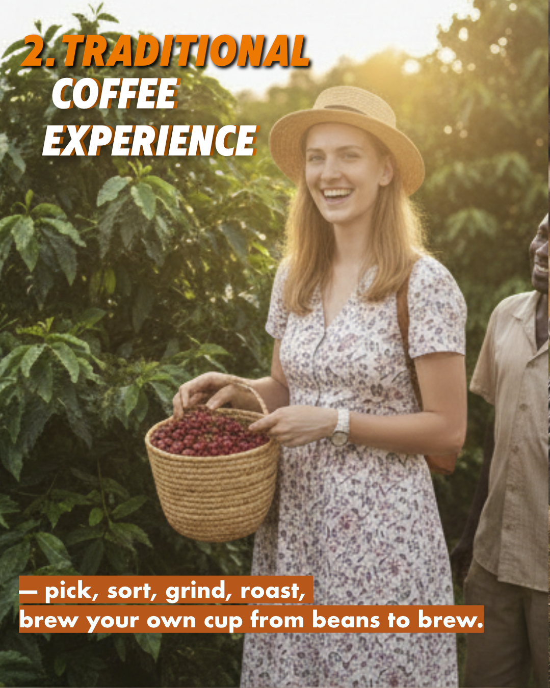 Female traveler holding a basket of fresh coffee cherries on a scenic Rwandan coffee farm.