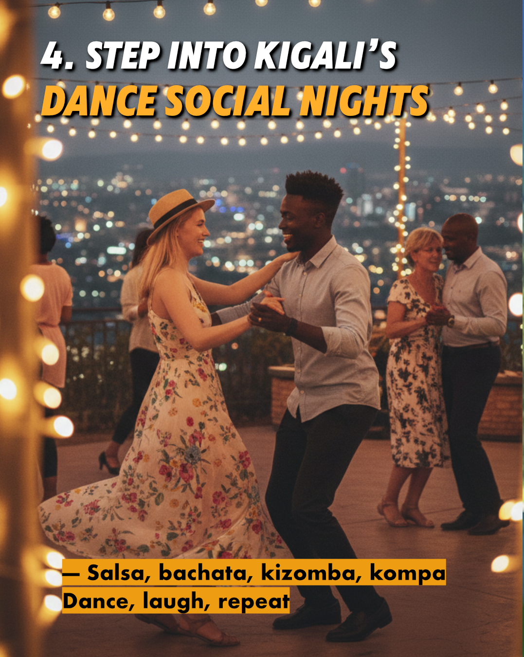Female tourist dancing salsa outdoors with a local Rwandan gentleman at night in Kigali under string lights with city skyline behind.