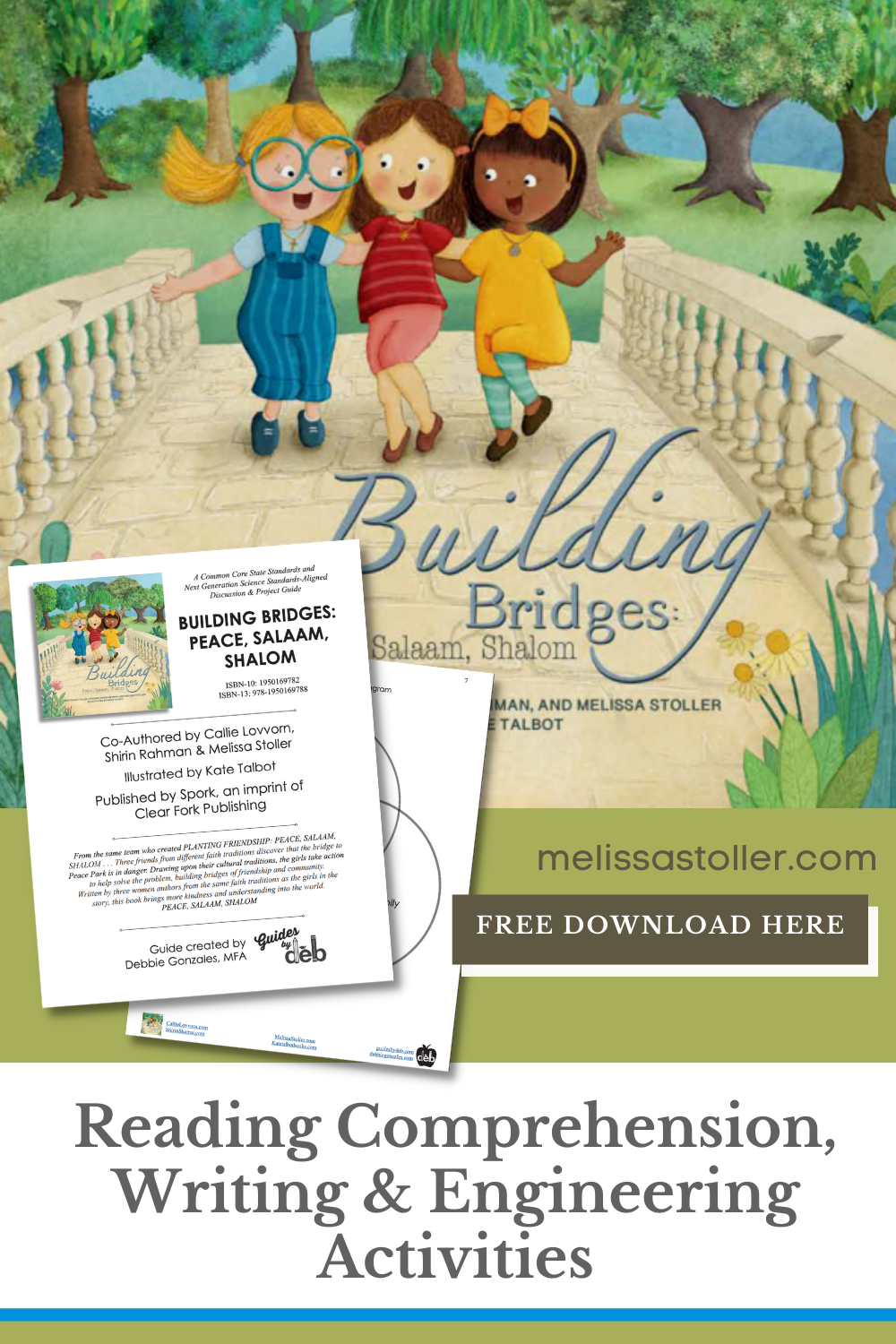 A colorful children's book cover titled "Building Bridges: Peace, Salaam, Shalom" showing three diverse kids holding hands and dancing on a bridge in a park with trees. There is a smaller inset image of the same cover with additional publication details and a website link.