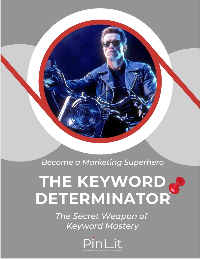 Book cover titled "The Keyword Determinator" with a man riding a motorcycle wearing sunglasses and a leather jacket, set against a dark background, and promotional text about becoming a marketing superhero.